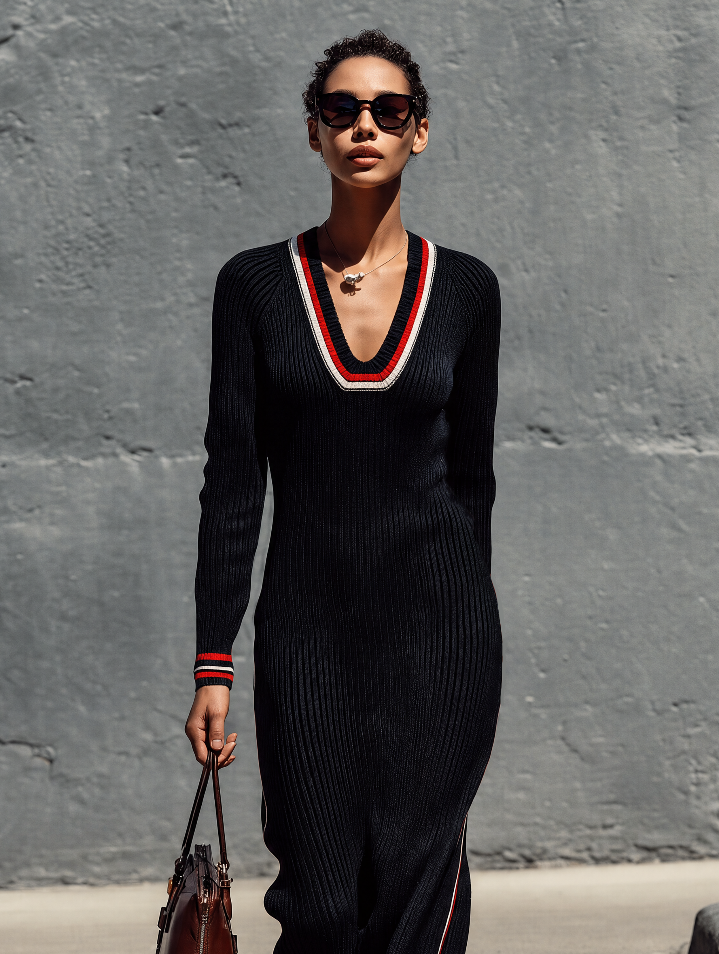 Women's Casual Black Knitted V-Neck Long-Sleeve Maxi Dress MDZ2138H1LXY