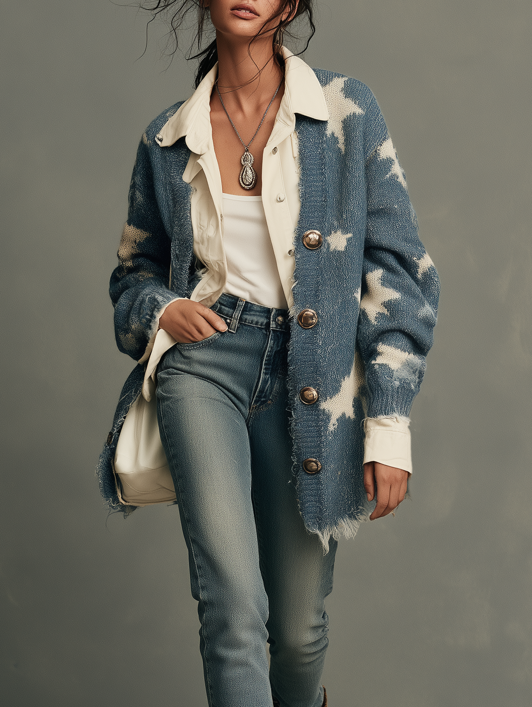 Women's Vintage Casual Star-Jacquard Cardigan With Frayed Hem MDZ2186H8WY