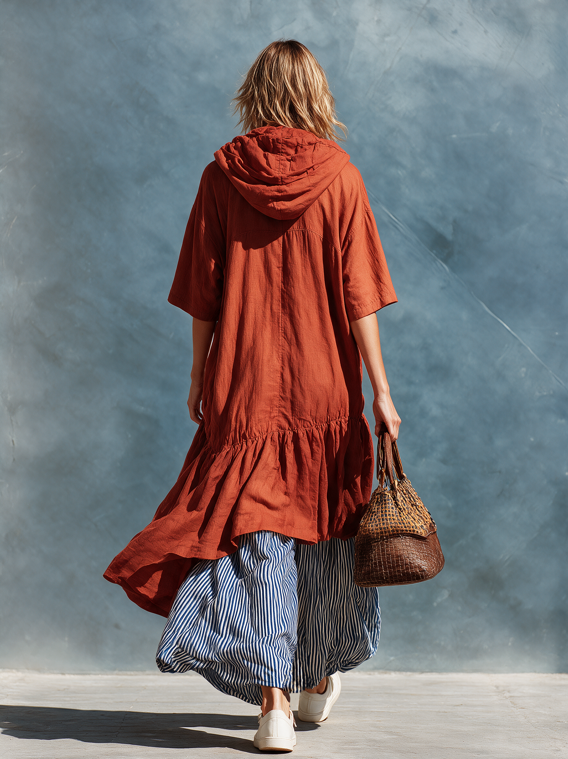 Women's Casual Red And Blue Cotton-Linen Color-Block Maxi Dress (Faux Two-Piece Style) MDZ2123H9LXY