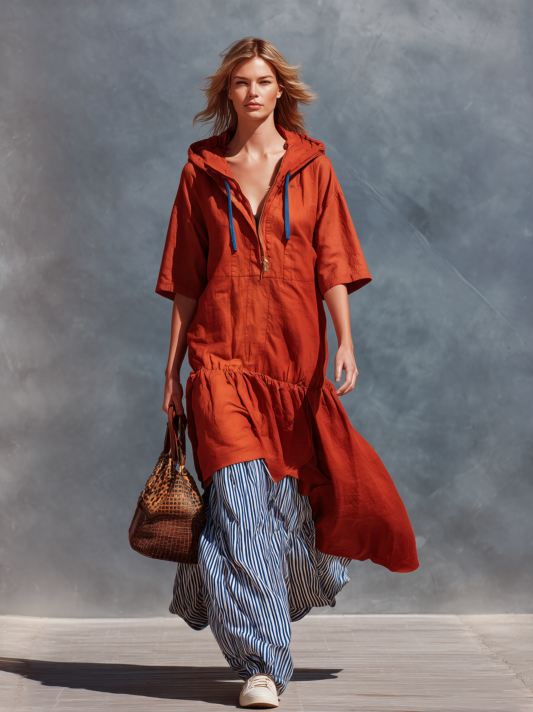 Women's Casual Red And Blue Cotton-Linen Color-Block Maxi Dress (Faux Two-Piece Style) MDZ2123H9LXY