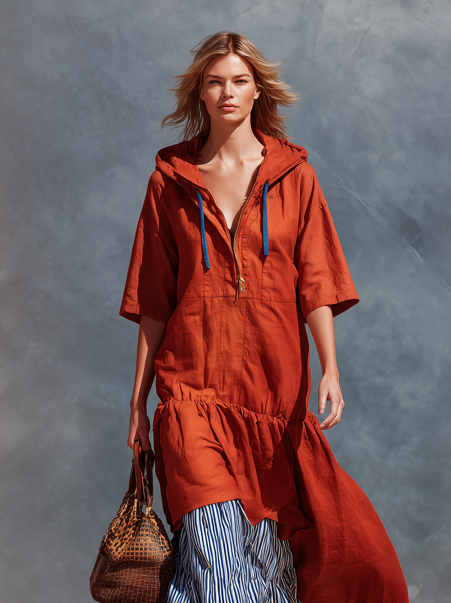 Women's Casual Red And Blue Cotton-Linen Color-Block Maxi Dress (Faux Two-Piece Style) MDZ2123H9LXY
