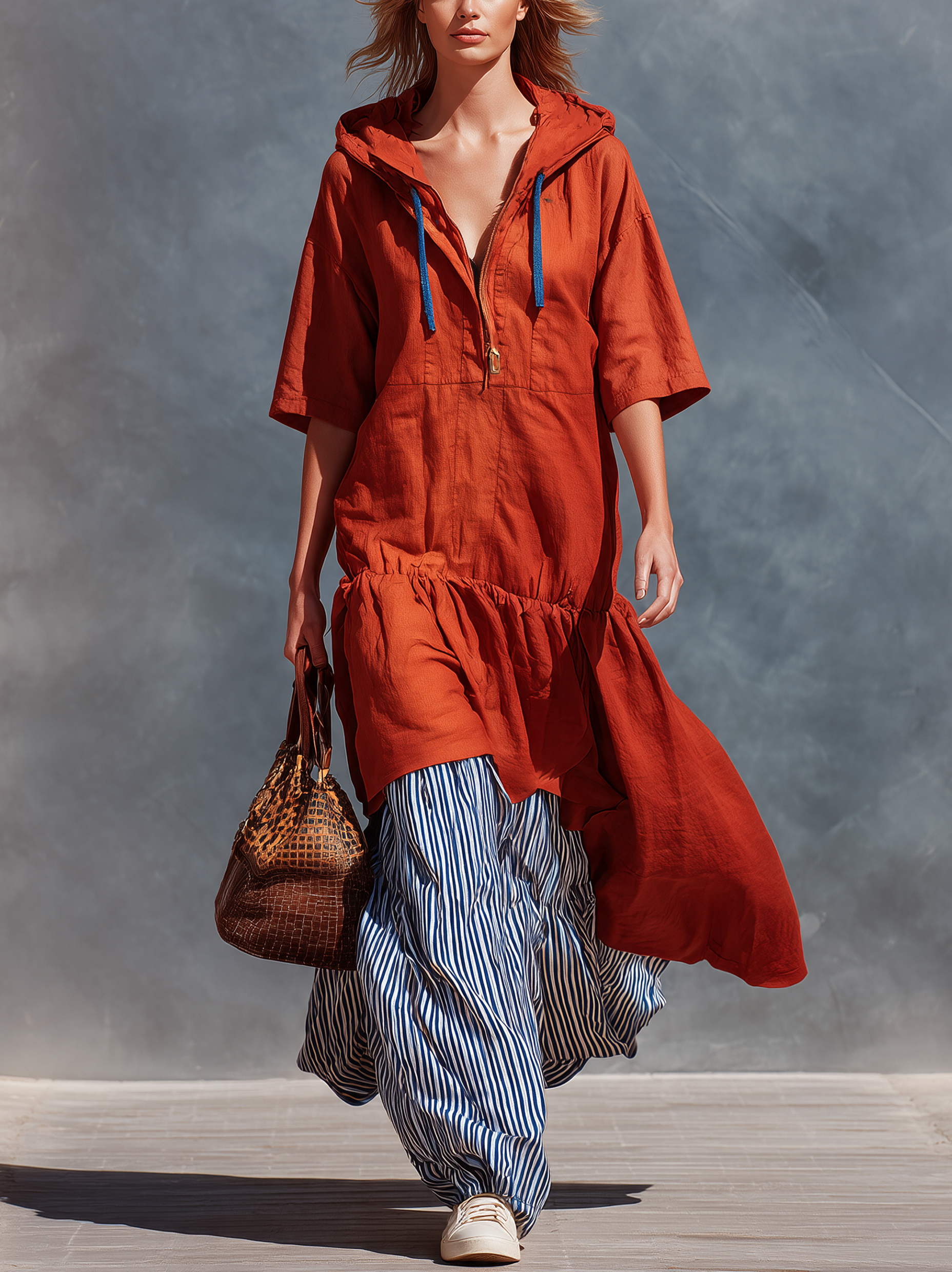 Women's Casual Red And Blue Cotton-Linen Color-Block Maxi Dress (Faux Two-Piece Style) MDZ2123H9LXY