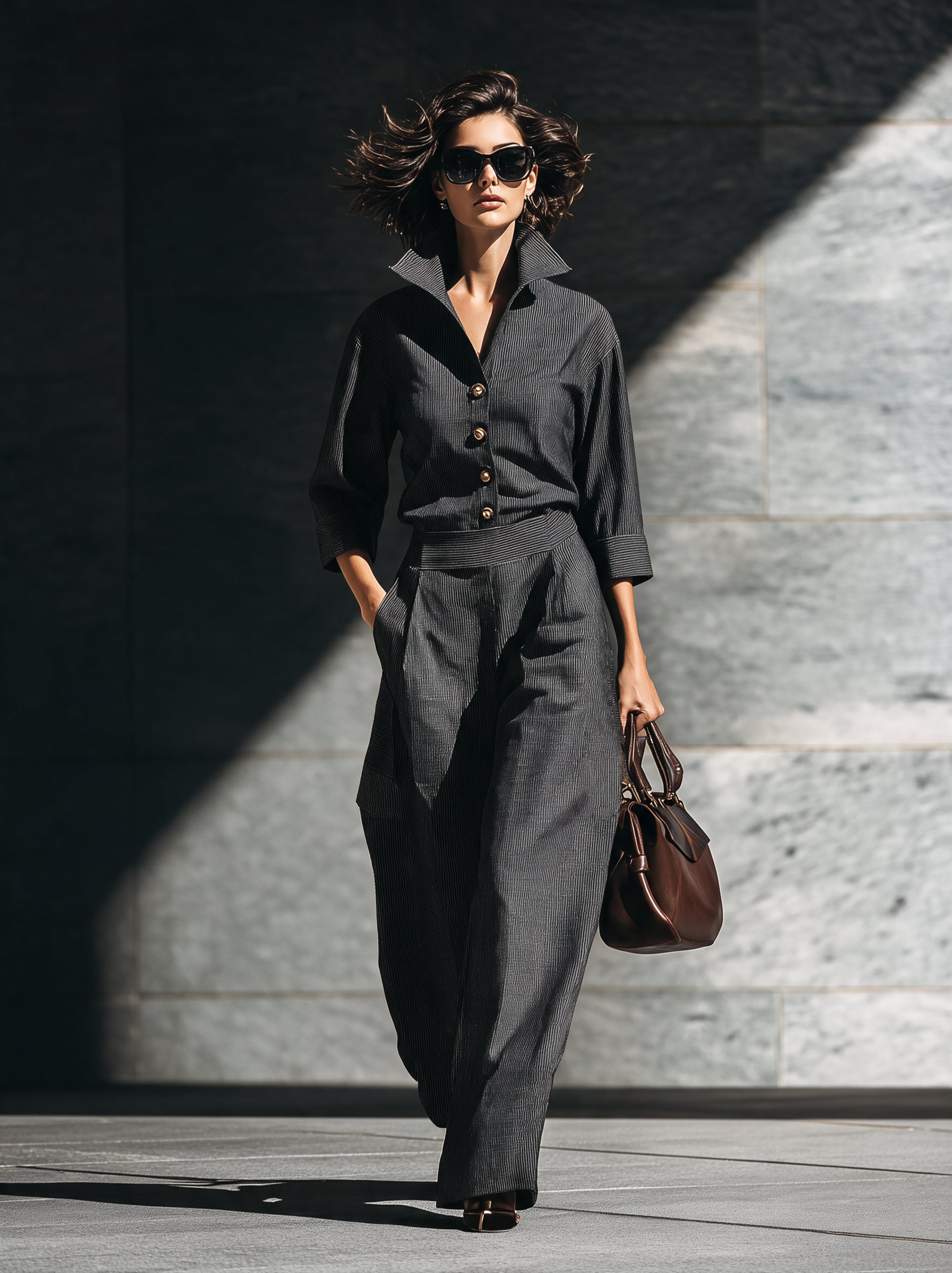 Women's Casual Black Striped Woven 3/4 Sleeve Jumpsuit MDZ2160H0LXY