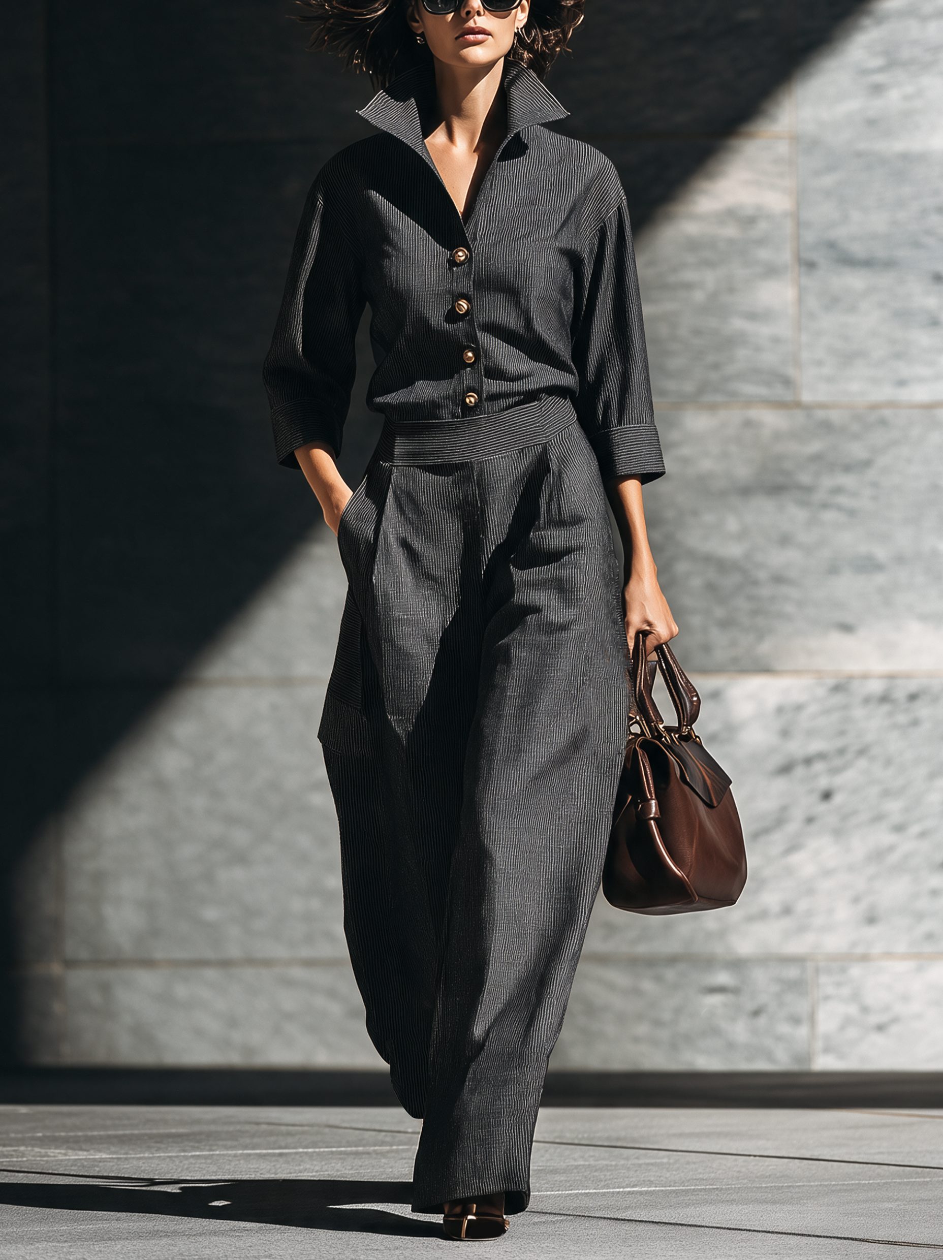 Women's Casual Black Striped Woven 3/4 Sleeve Jumpsuit MDZ2160H0LXY