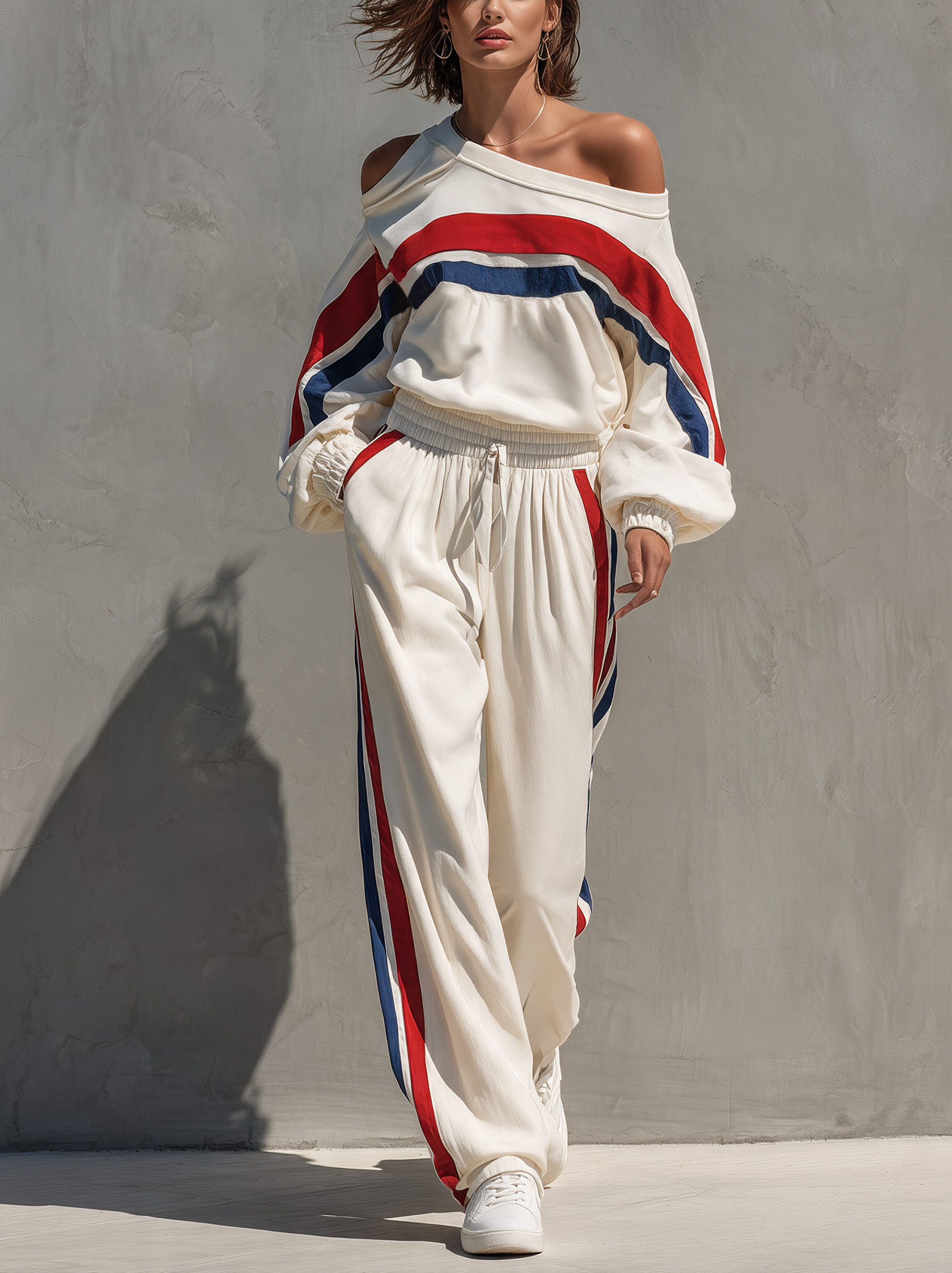 Women's Casual White Off-Shoulder Long-Sleeve Sweatshirt And Pants Two-Piece Set MDZ2177H1LXY