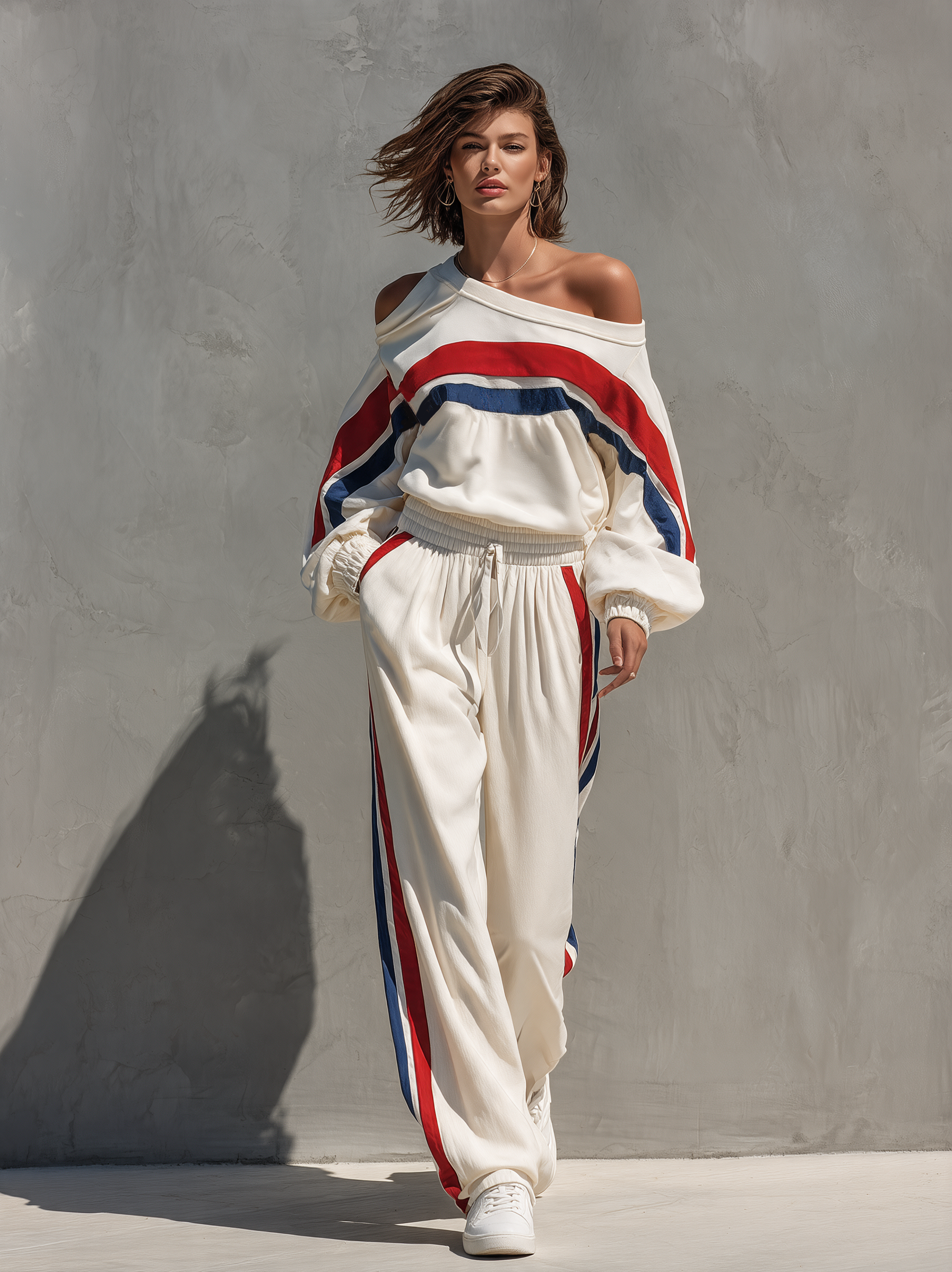Women's Casual White Off-Shoulder Long-Sleeve Sweatshirt And Pants Two-Piece Set MDZ2177H1LXY