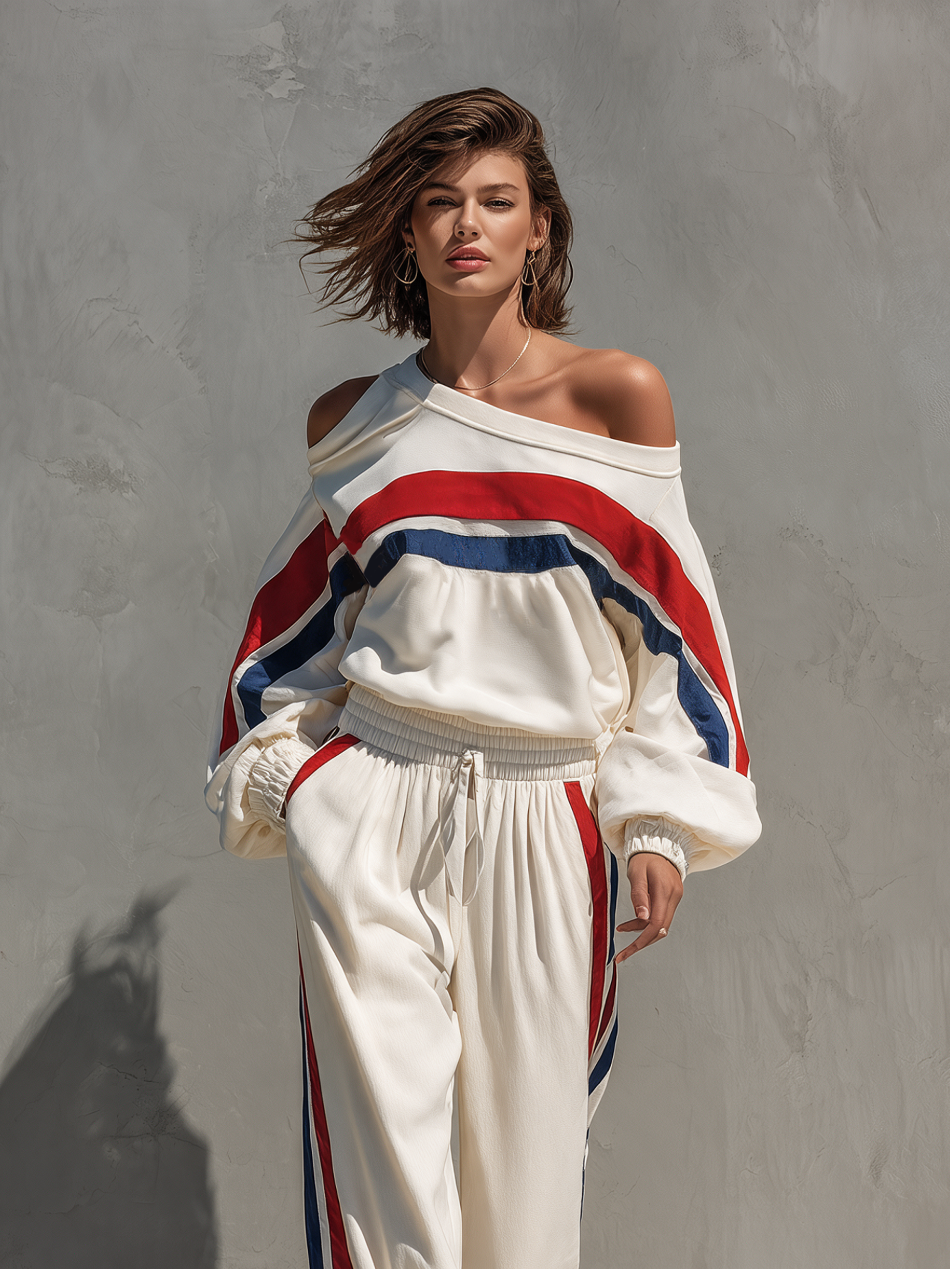 Women's Casual White Off-Shoulder Long-Sleeve Sweatshirt And Pants Two-Piece Set MDZ2177H1LXY