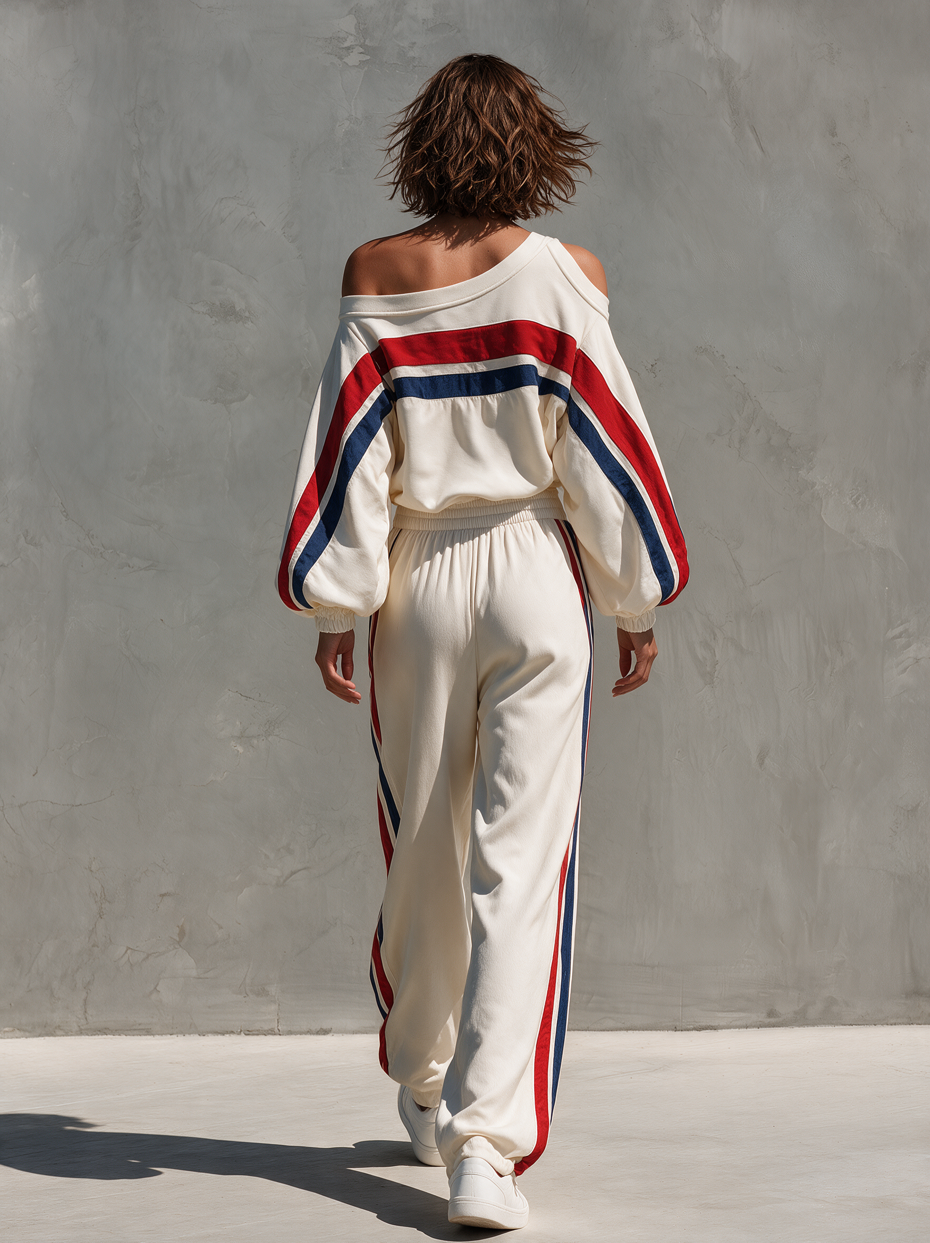 Women's Casual White Off-Shoulder Long-Sleeve Sweatshirt And Pants Two-Piece Set MDZ2177H1LXY