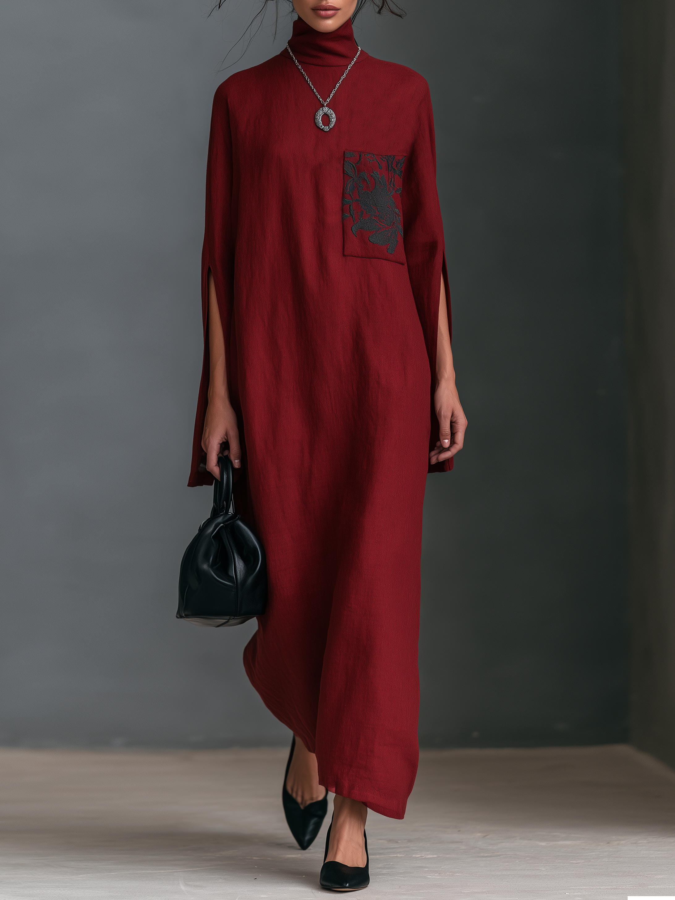 Women's Minimalist Maxi Dress With Pocket Embroidery And Slit Sleeves MDZ2176H4WY