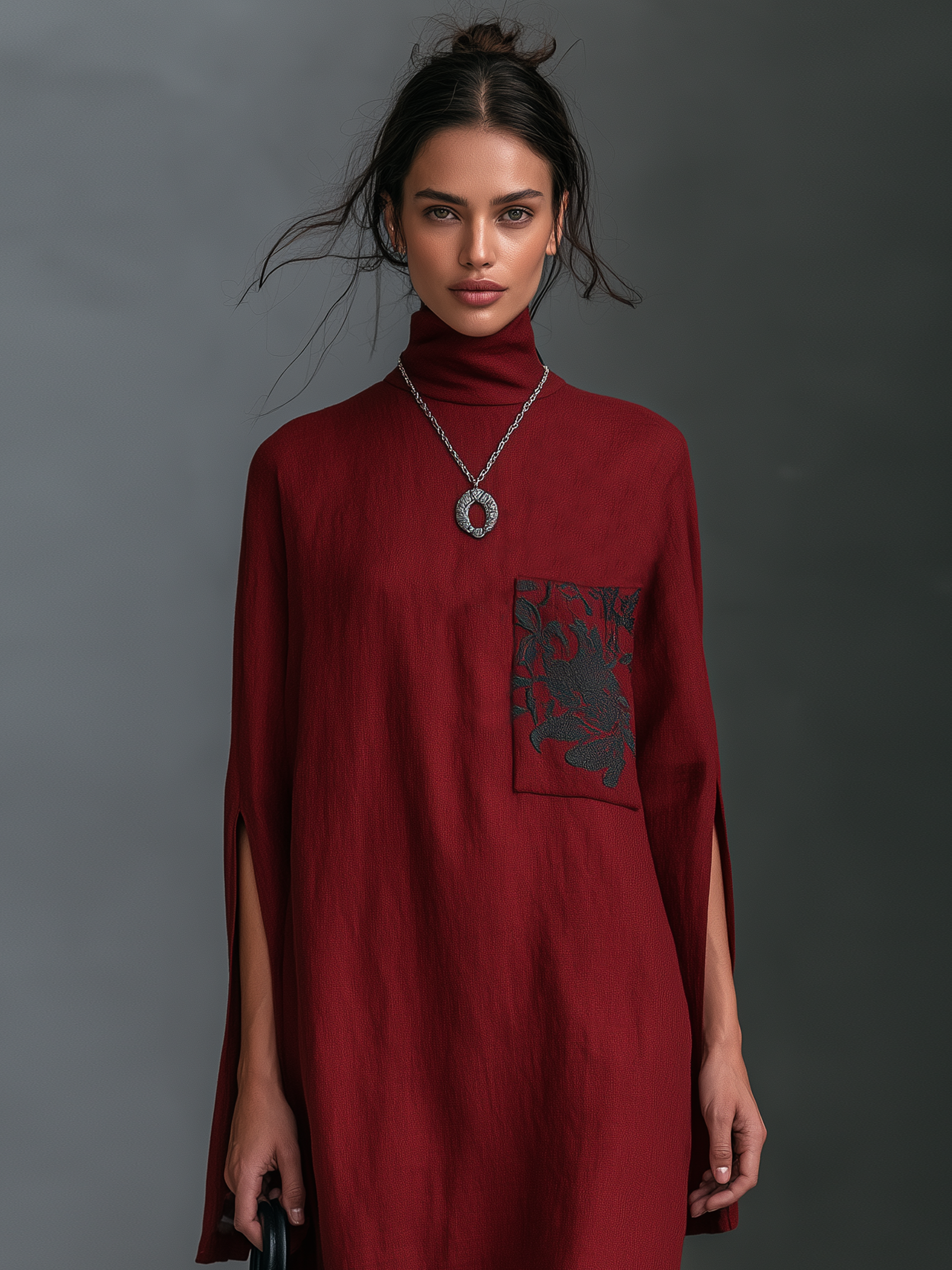 Women's Minimalist Maxi Dress With Pocket Embroidery And Slit Sleeves MDZ2176H4WY