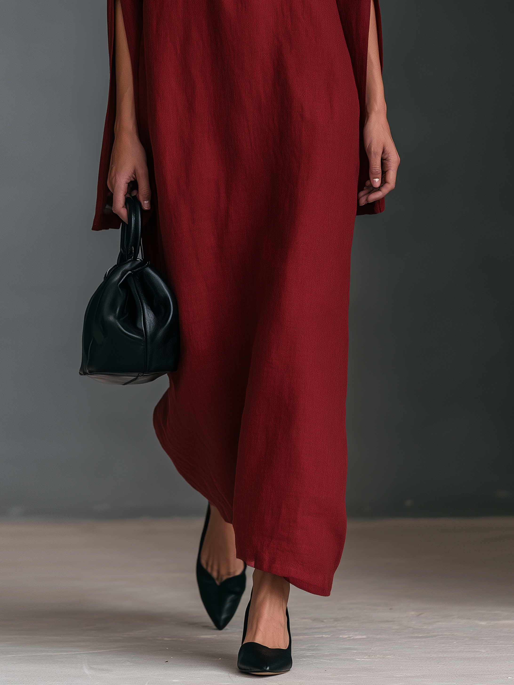 Women's Minimalist Maxi Dress With Pocket Embroidery And Slit Sleeves MDZ2176H4WY