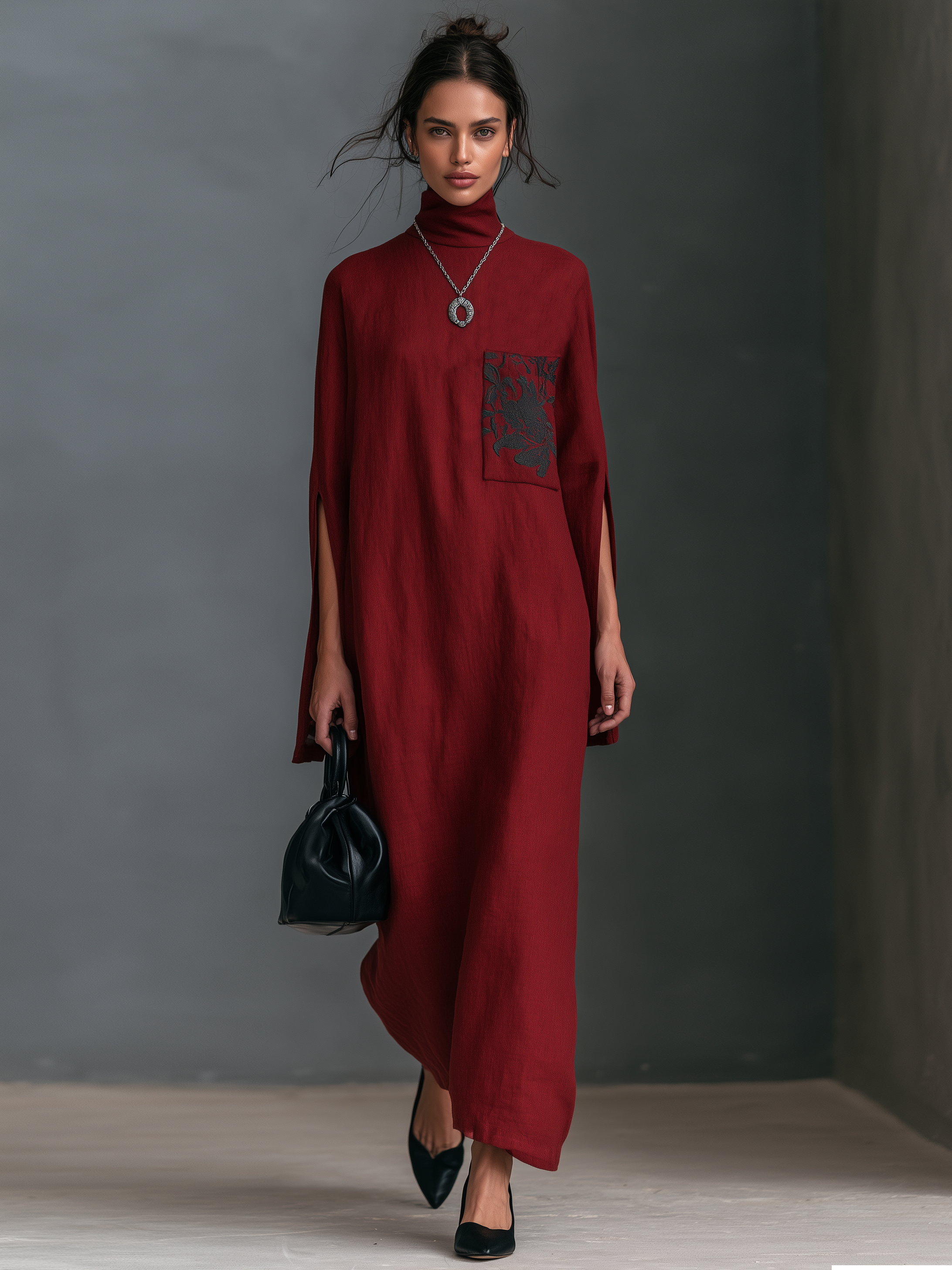 Women's Minimalist Maxi Dress With Pocket Embroidery And Slit Sleeves MDZ2176H4WY