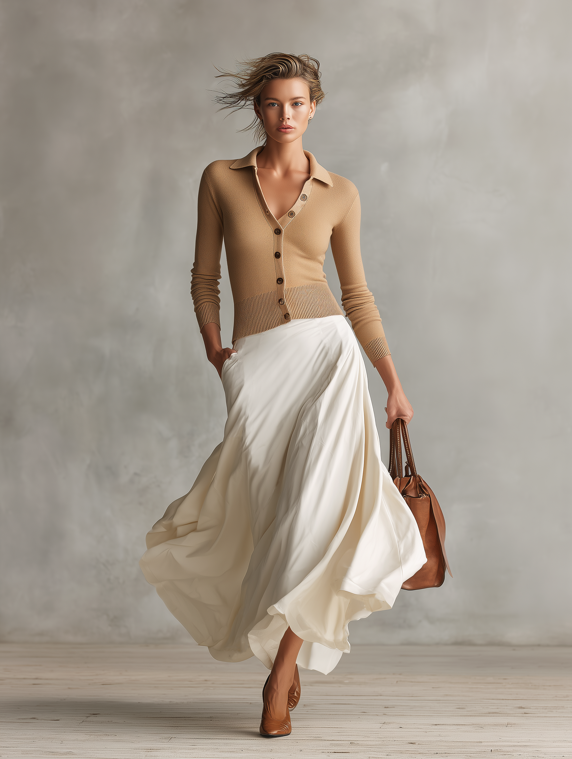 Women's Casual Khaki Long-Sleeved Knit Cardigan And A White Woven Skirt Two-Piece Set MDZ2129H9LXY