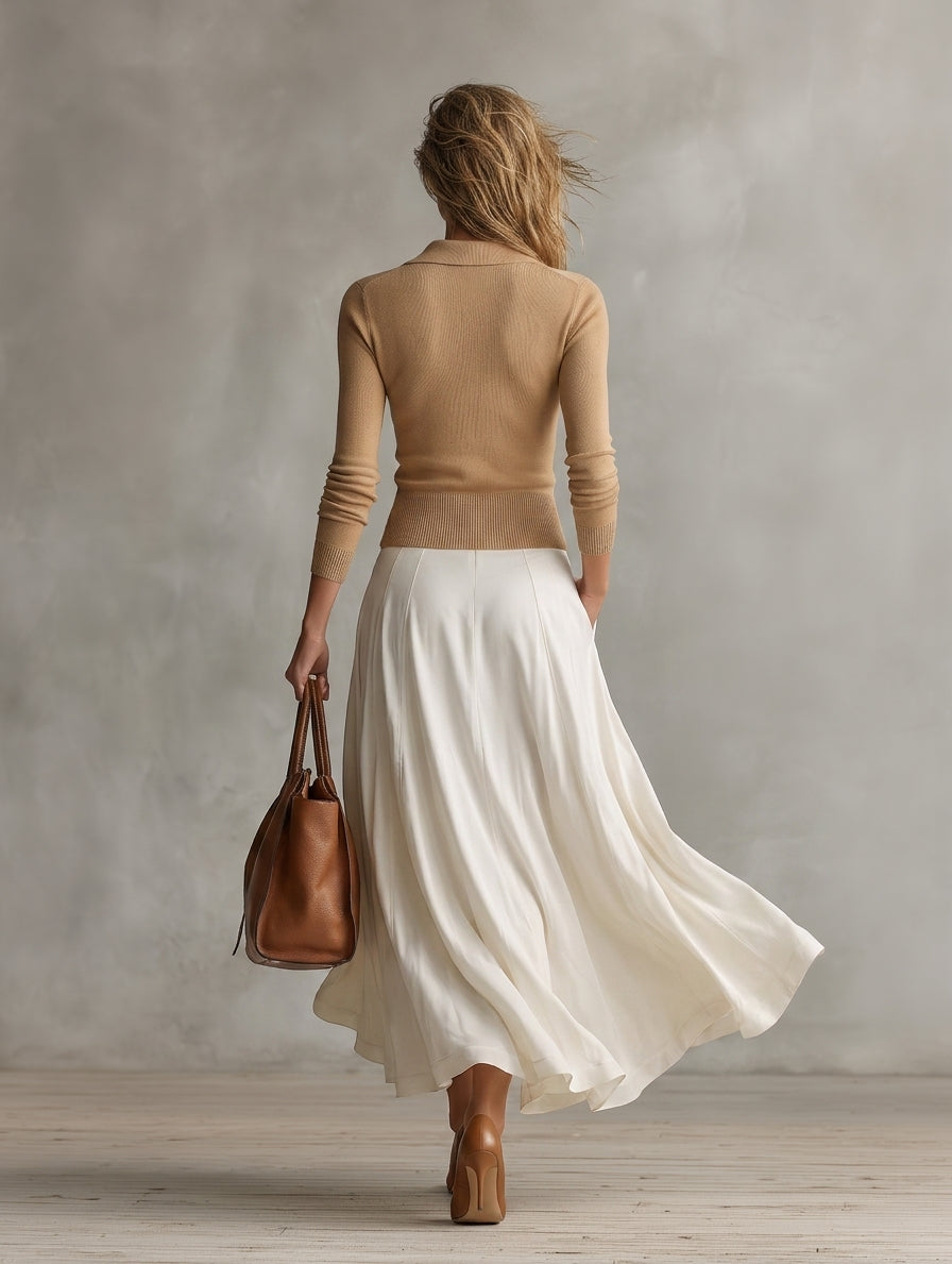 Women's Casual Khaki Long-Sleeved Knit Cardigan And A White Woven Skirt Two-Piece Set MDZ2129H9LXY
