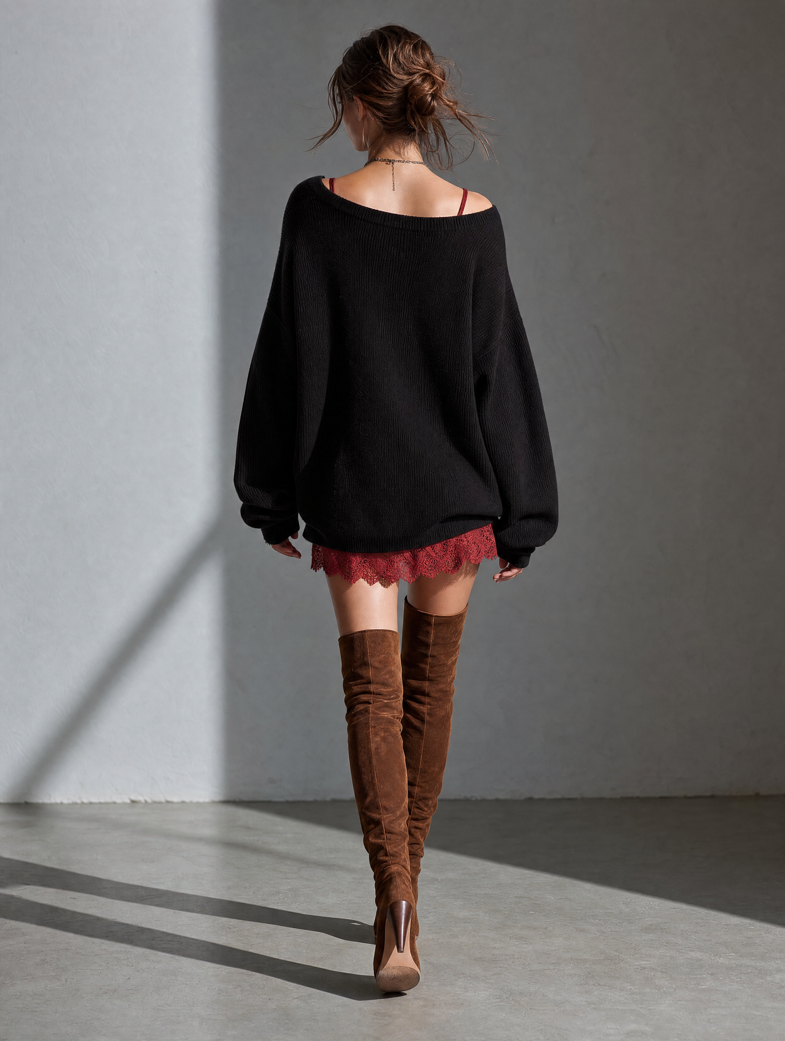 Women's Casual Black Long-Sleeved V-Neck Knit Top And A Red Lace Camisole Dress Two-Piece Set MDZ2158H3LXY
