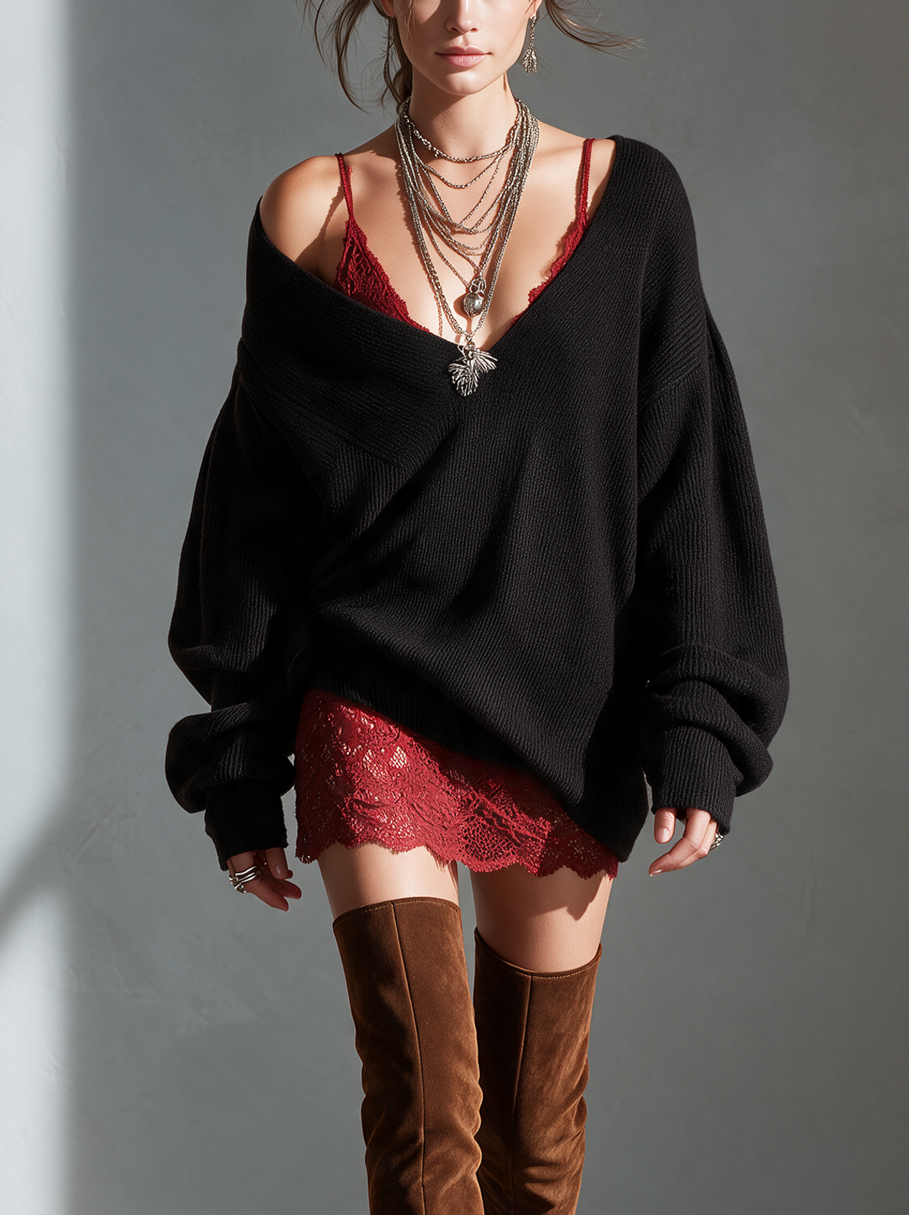 Women's Casual Black Long-Sleeved V-Neck Knit Top And A Red Lace Camisole Dress Two-Piece Set MDZ2158H3LXY