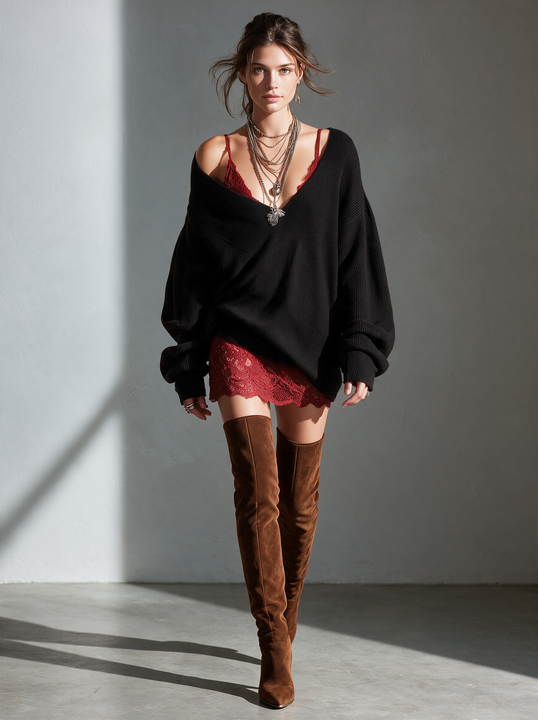 Women's Casual Black Long-Sleeved V-Neck Knit Top And A Red Lace Camisole Dress Two-Piece Set MDZ2158H3LXY