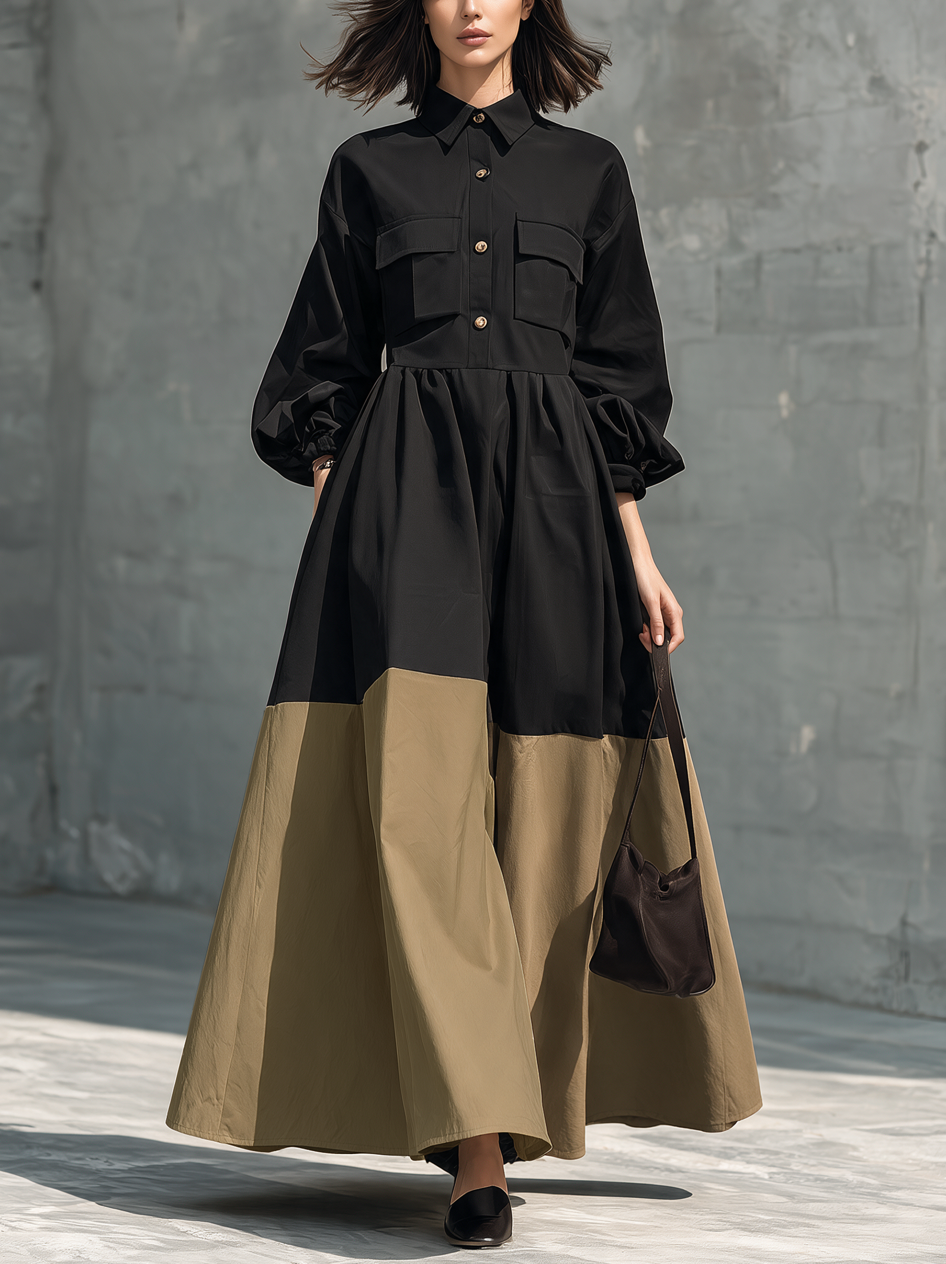 Women's Casual Black And Khaki Color-Block Woven Maxi Dress MDZ2122H6LXY