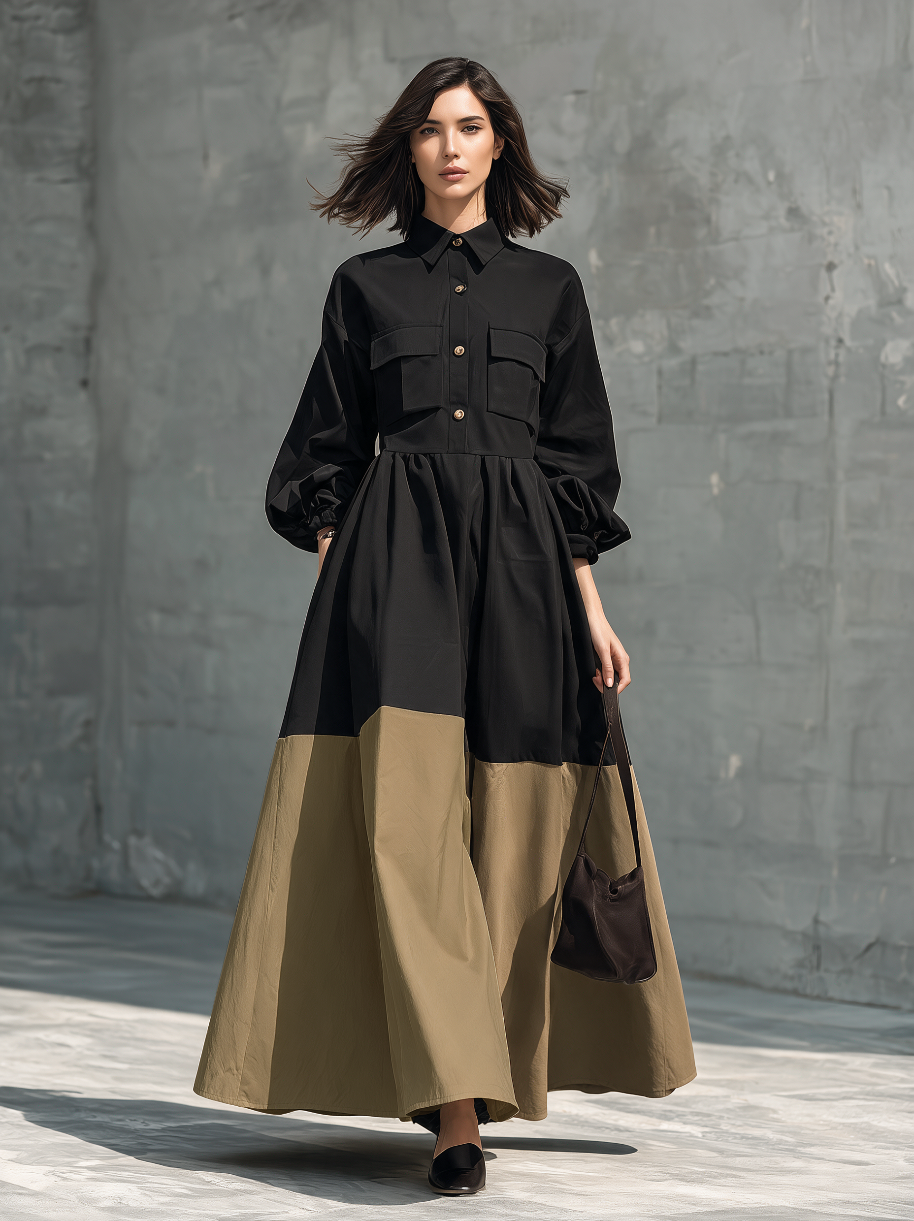 Women's Casual Black And Khaki Color-Block Woven Maxi Dress MDZ2122H6LXY
