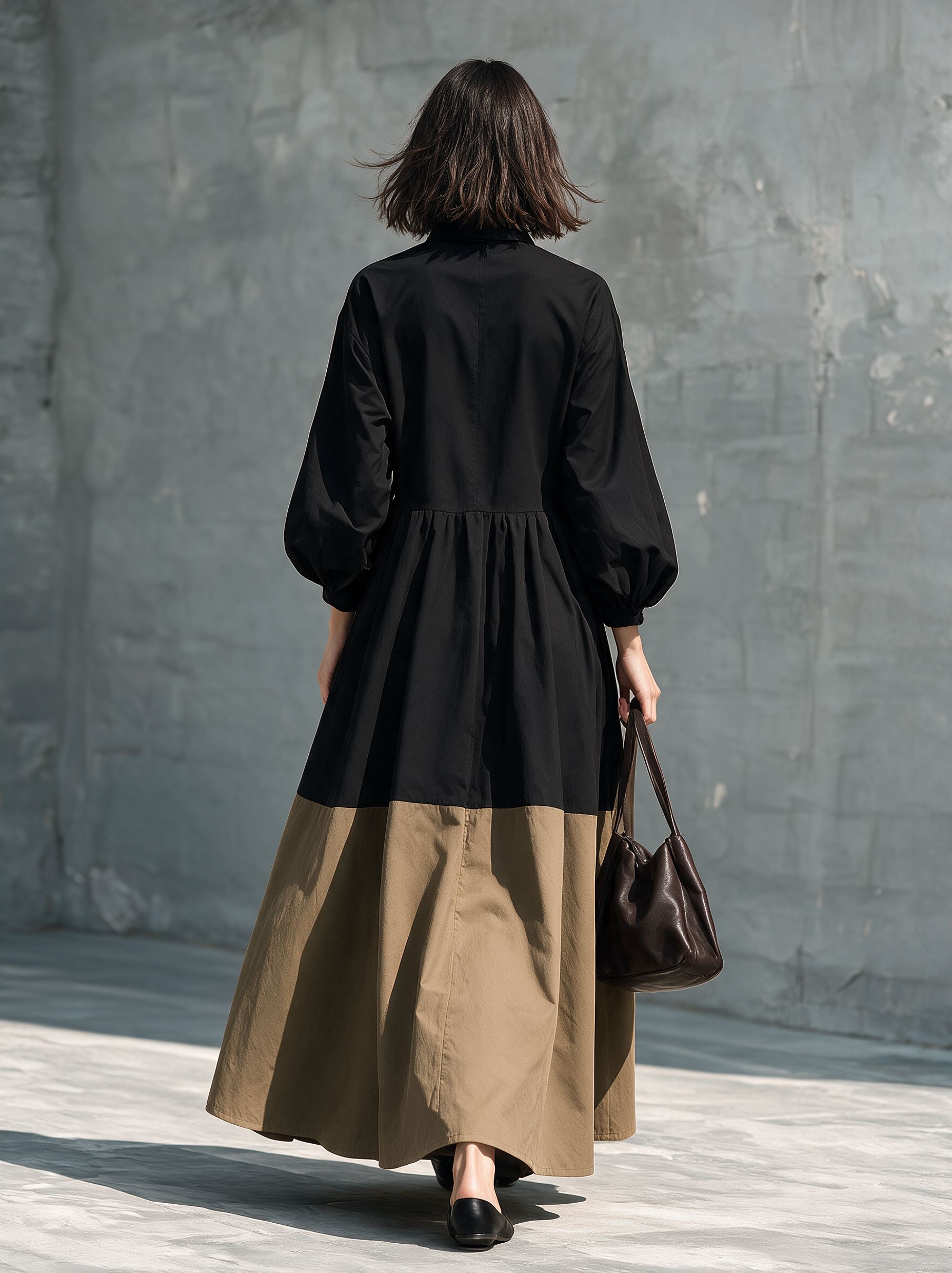 Women's Casual Black And Khaki Color-Block Woven Maxi Dress MDZ2122H6LXY