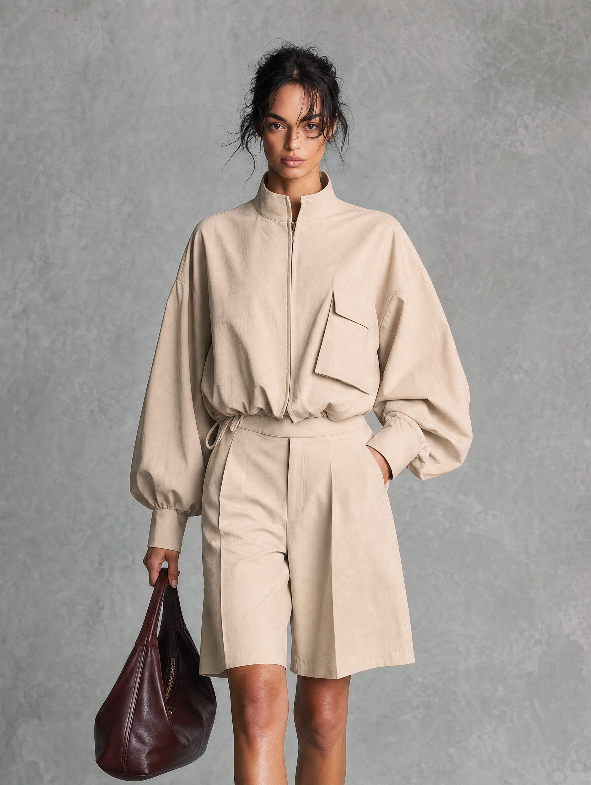 Women's Casual Khaki Woven Long-Sleeve Jacket And Shorts Two-Piece Set MDZ2146H7LXY