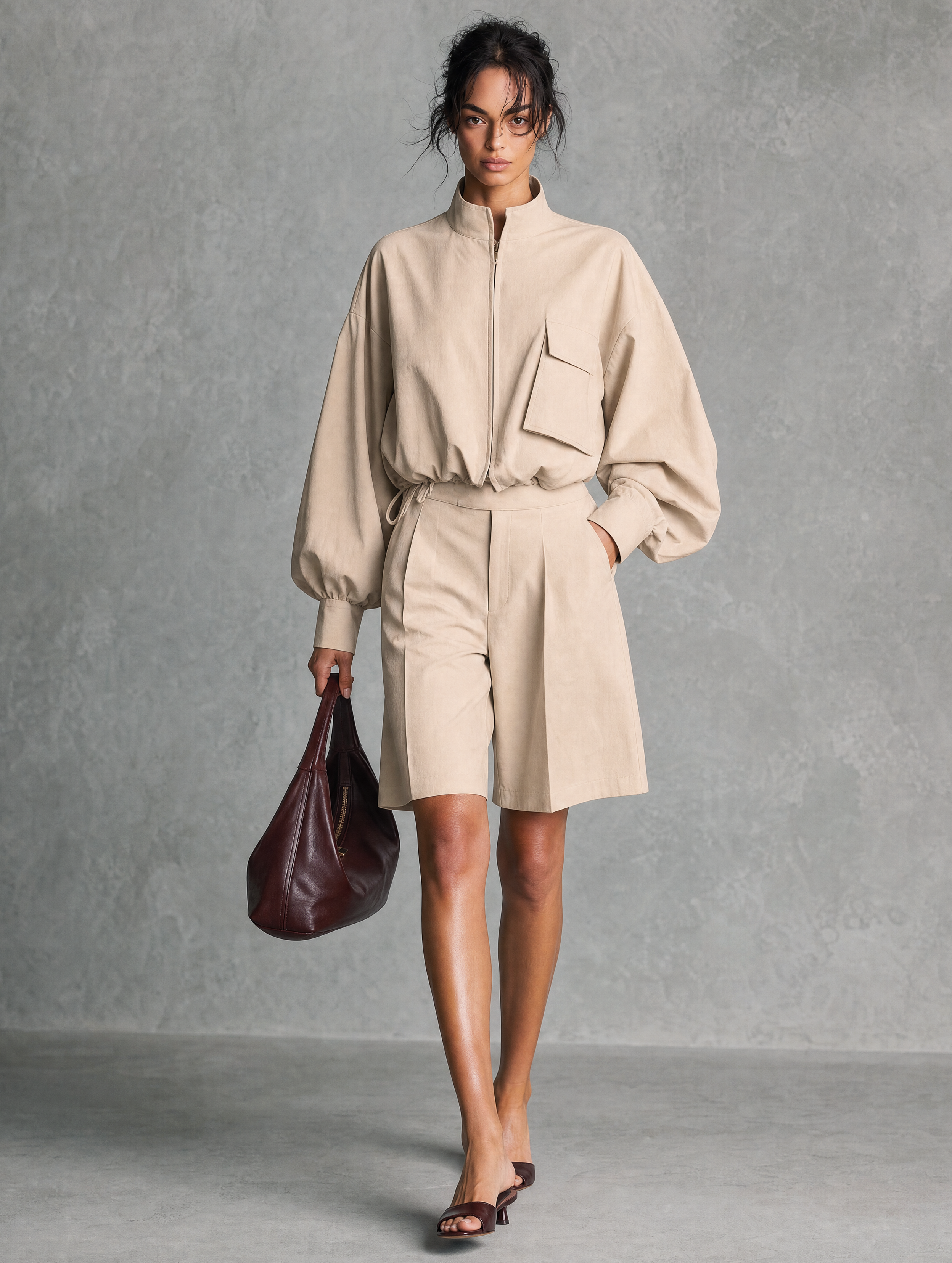 Women's Casual Khaki Woven Long-Sleeve Jacket And Shorts Two-Piece Set MDZ2146H7LXY