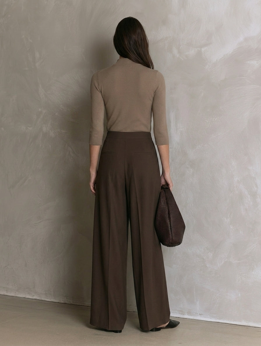 Women's Casual Khaki Stretch-Knit Long-Sleeve Top And Brown Woven Trousers Two-Piece Set MDZ2156H3LXY