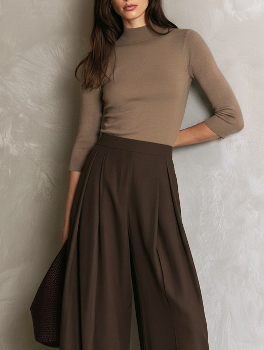 Women's Casual Khaki Stretch-Knit Long-Sleeve Top And Brown Woven Trousers Two-Piece Set MDZ2156H3LXY