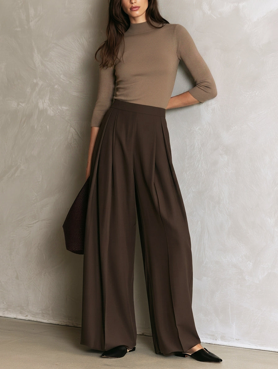 Women's Casual Khaki Stretch-Knit Long-Sleeve Top And Brown Woven Trousers Two-Piece Set MDZ2156H3LXY
