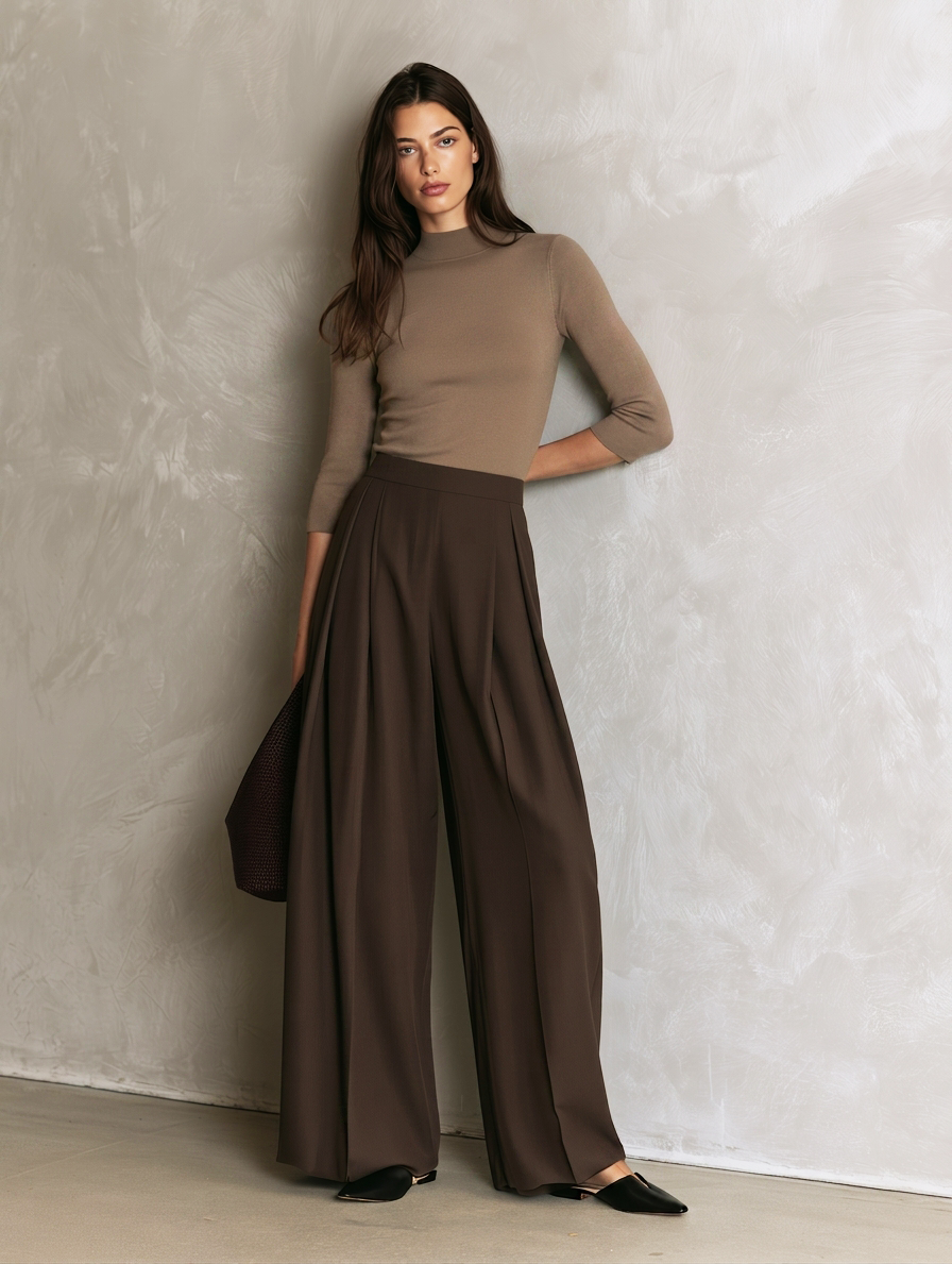 Women's Casual Khaki Stretch-Knit Long-Sleeve Top And Brown Woven Trousers Two-Piece Set MDZ2156H3LXY