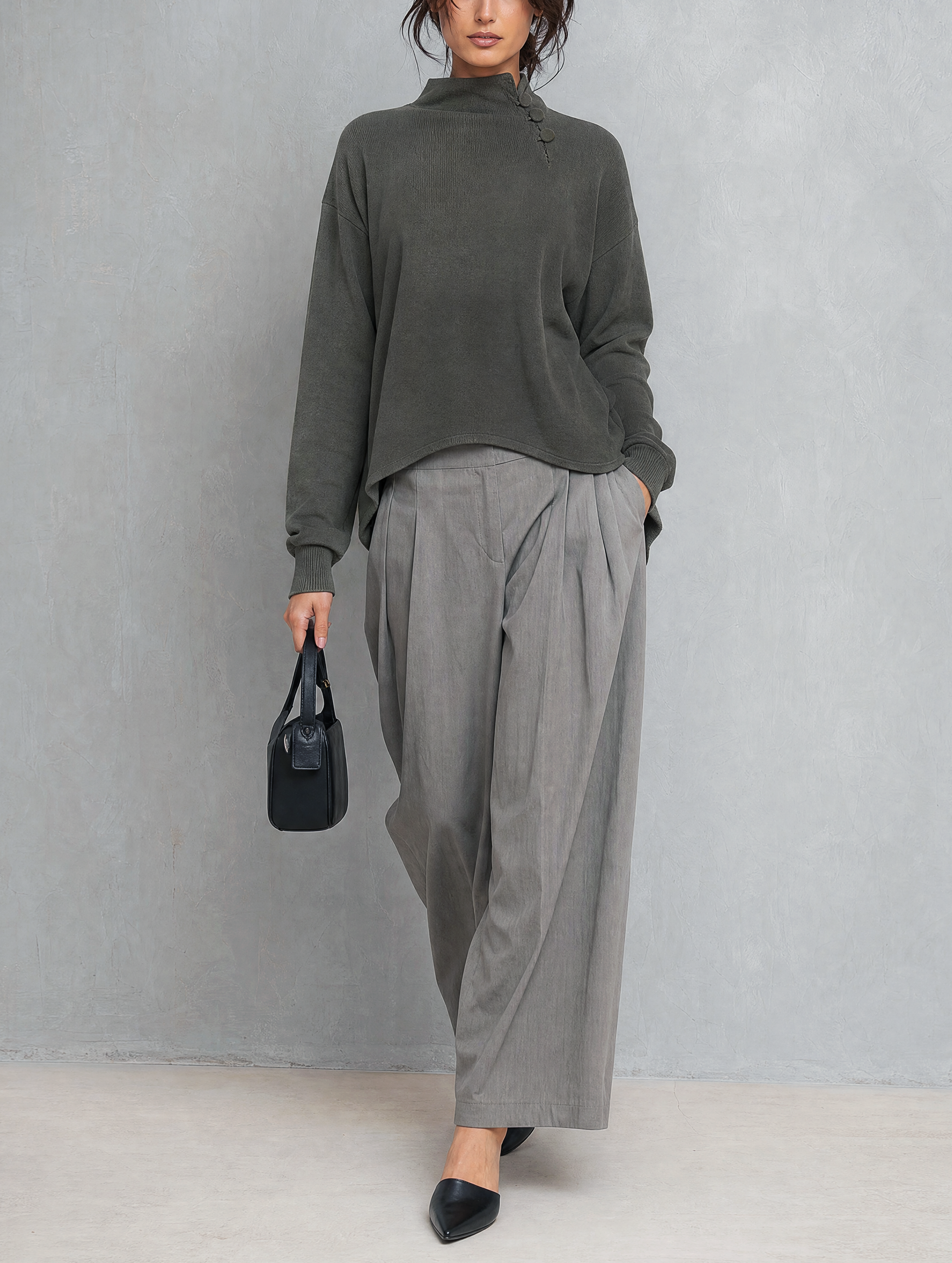 Women's Casual Dark Grey Woven Long-Sleeve Top And Grey Woven Trousers Two-Piece Set MDZ2155H3LXY
