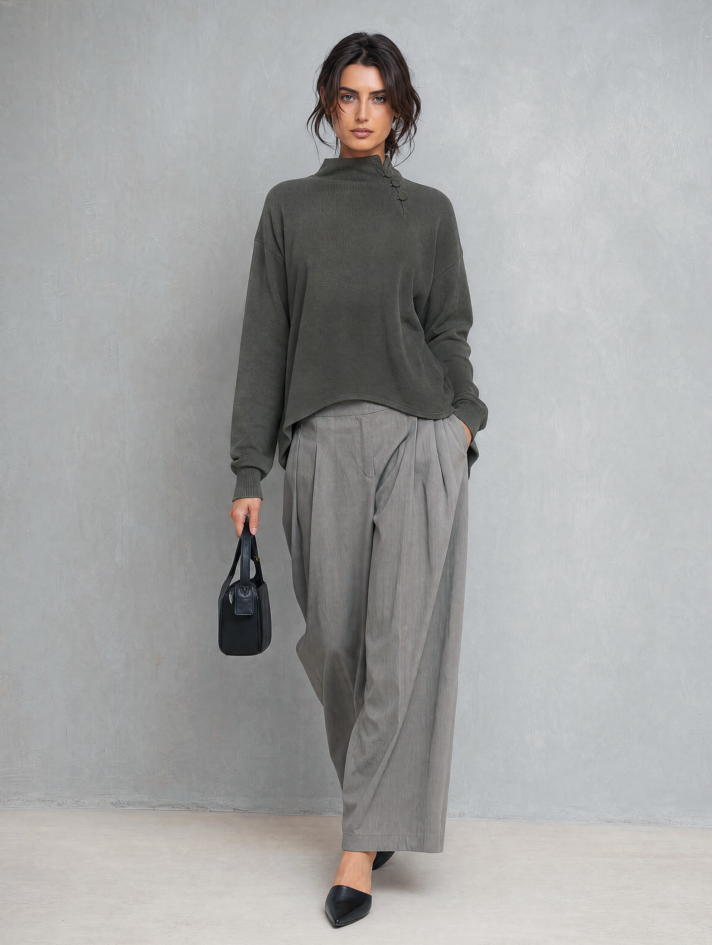 Women's Casual Dark Grey Woven Long-Sleeve Top And Grey Woven Trousers Two-Piece Set MDZ2155H3LXY