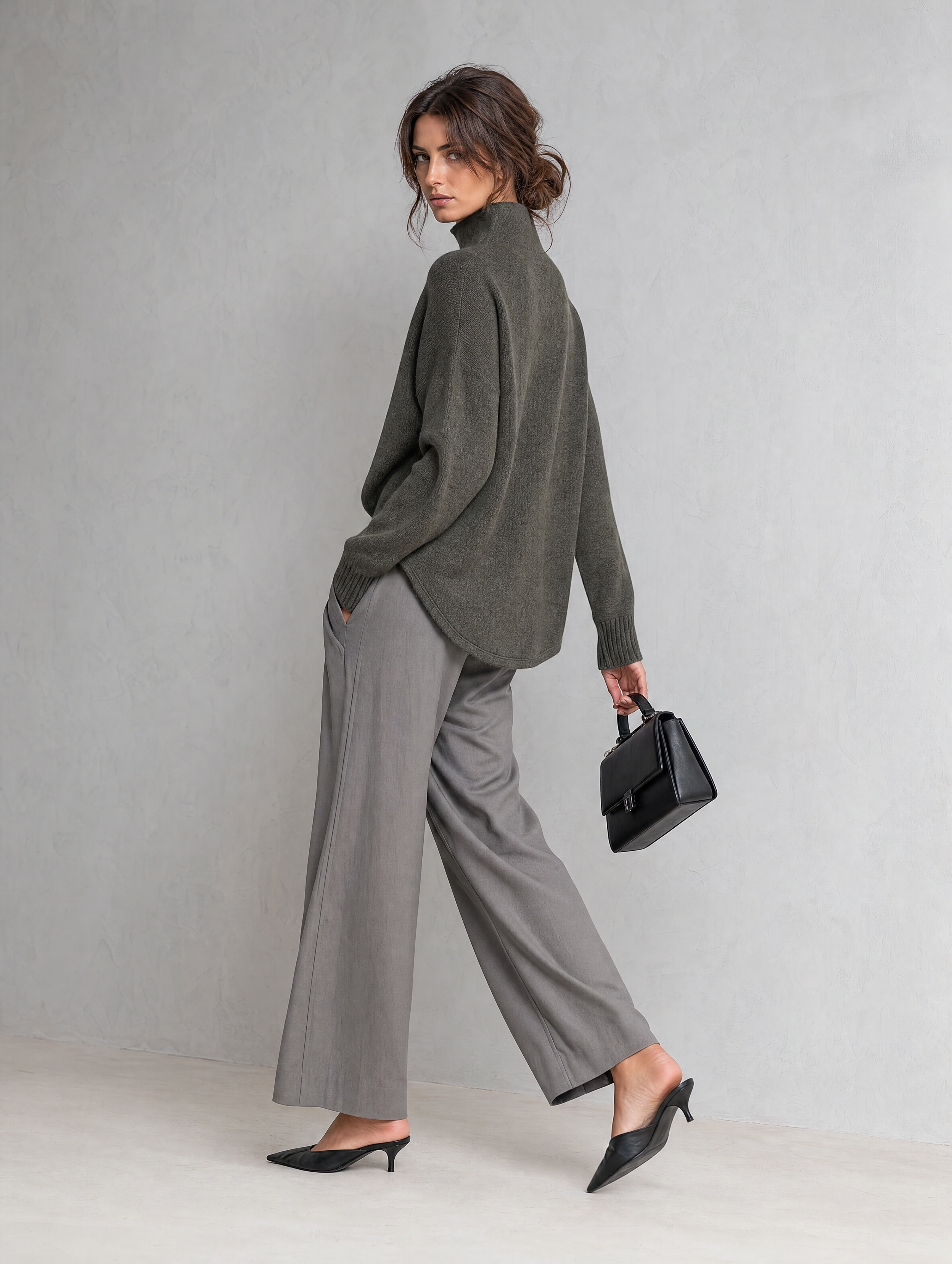 Women's Casual Dark Grey Woven Long-Sleeve Top And Grey Woven Trousers Two-Piece Set MDZ2155H3LXY