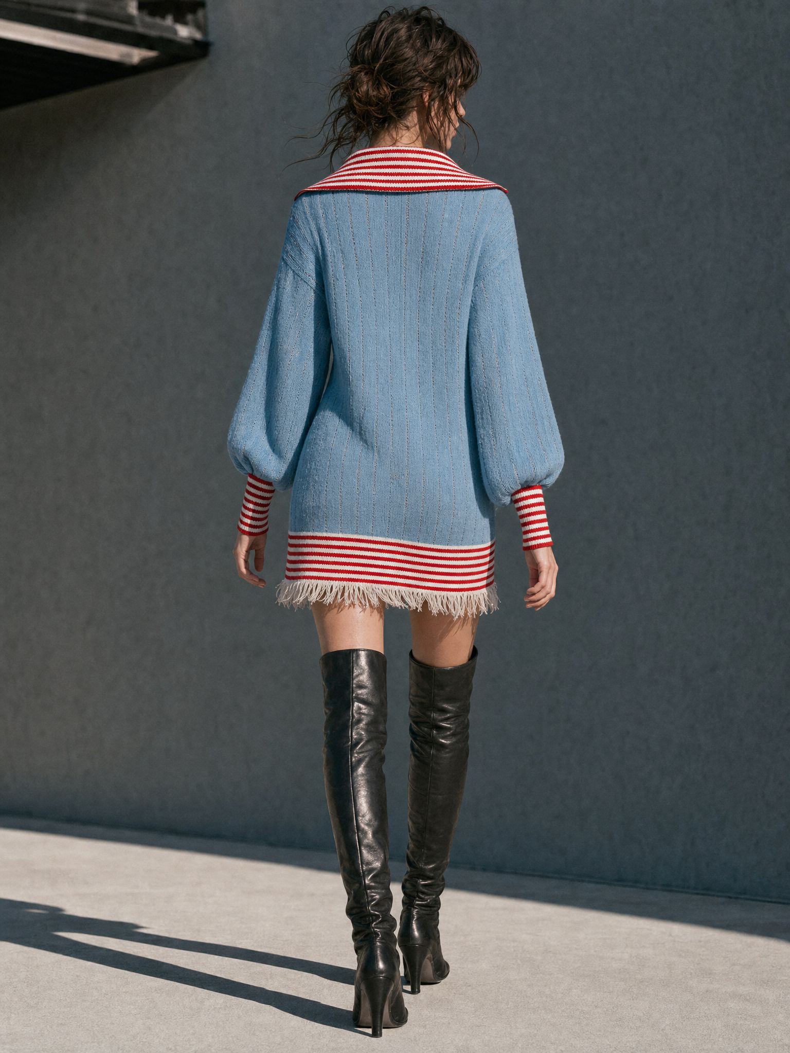 Women's Retro Color-Block Striped V-Neck Sweater Dress With Raw Hem MDZ1951H0WY