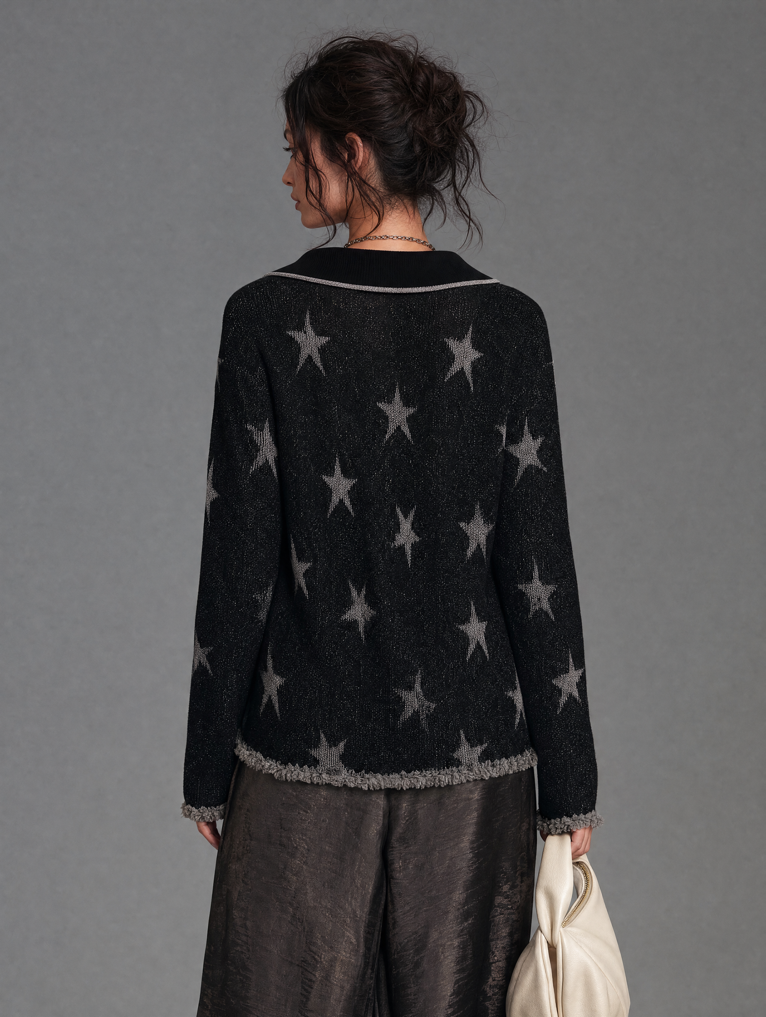 Women's Vintage Star Jacquard Cardigan With Zipper And Raw Hem MDZ2125H3WY