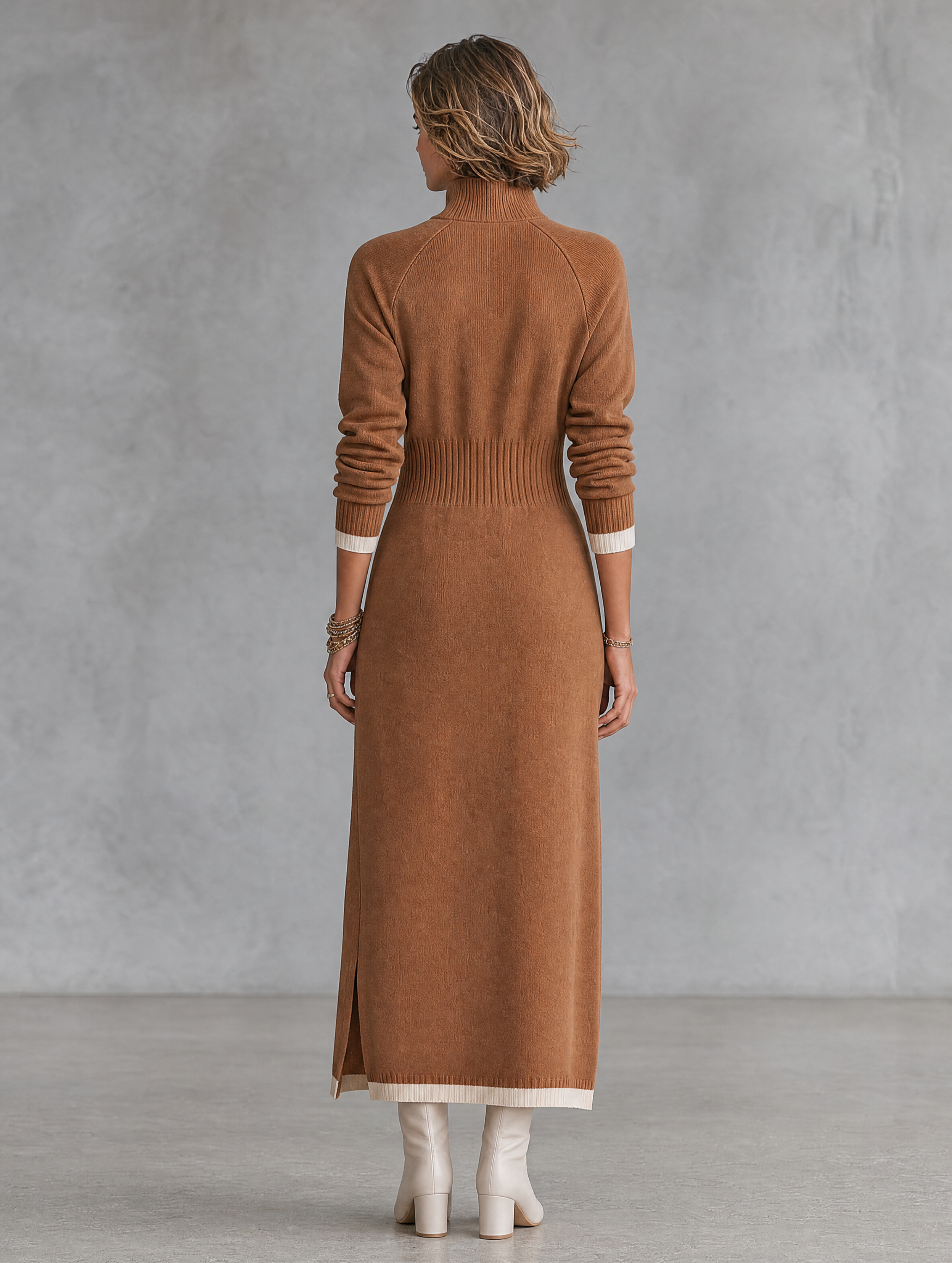 Women's Retro Color-Block Raglan-Sleeve Maxi Dress With Trim And Zip-Up Stand Collar MDZ2180H2WY