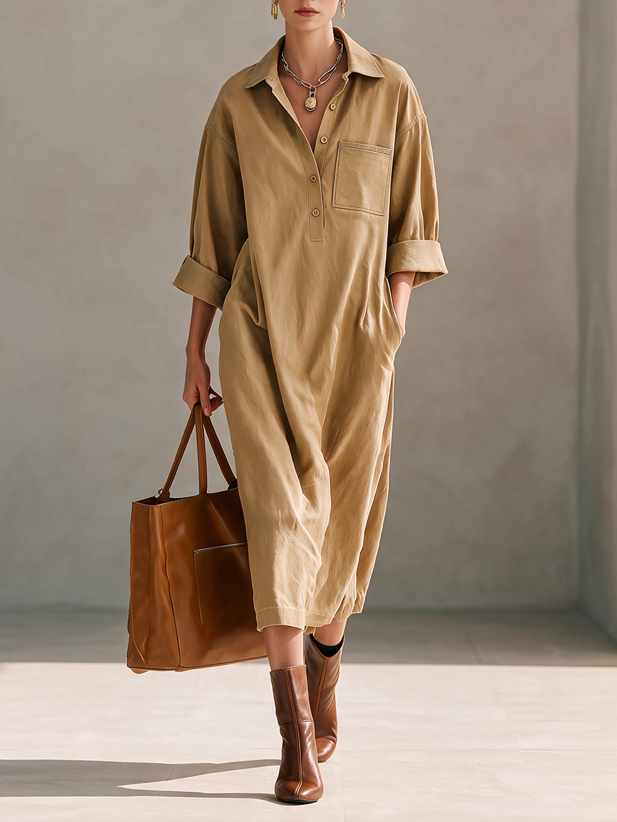 Women's Casual Cotton Collared Button-Placket Patch-Pocket Dropped-Shoulder Long-Sleeve Relaxed Midi Dress MDZ2411H6CMX