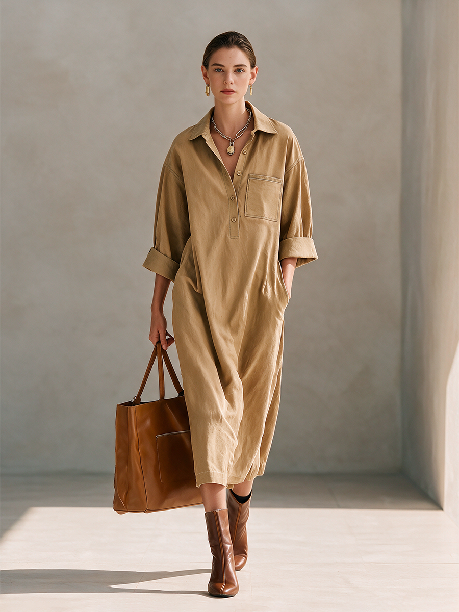 Women's Casual Cotton Collared Button-Placket Patch-Pocket Dropped-Shoulder Long-Sleeve Relaxed Midi Dress MDZ2411H6CMX