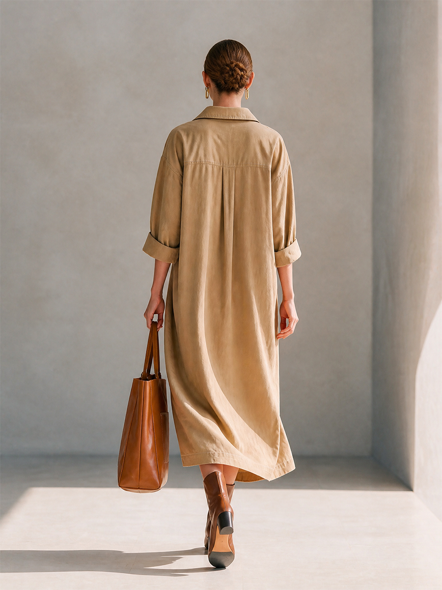 Women's Casual Cotton Collared Button-Placket Patch-Pocket Dropped-Shoulder Long-Sleeve Relaxed Midi Dress MDZ2411H6CMX