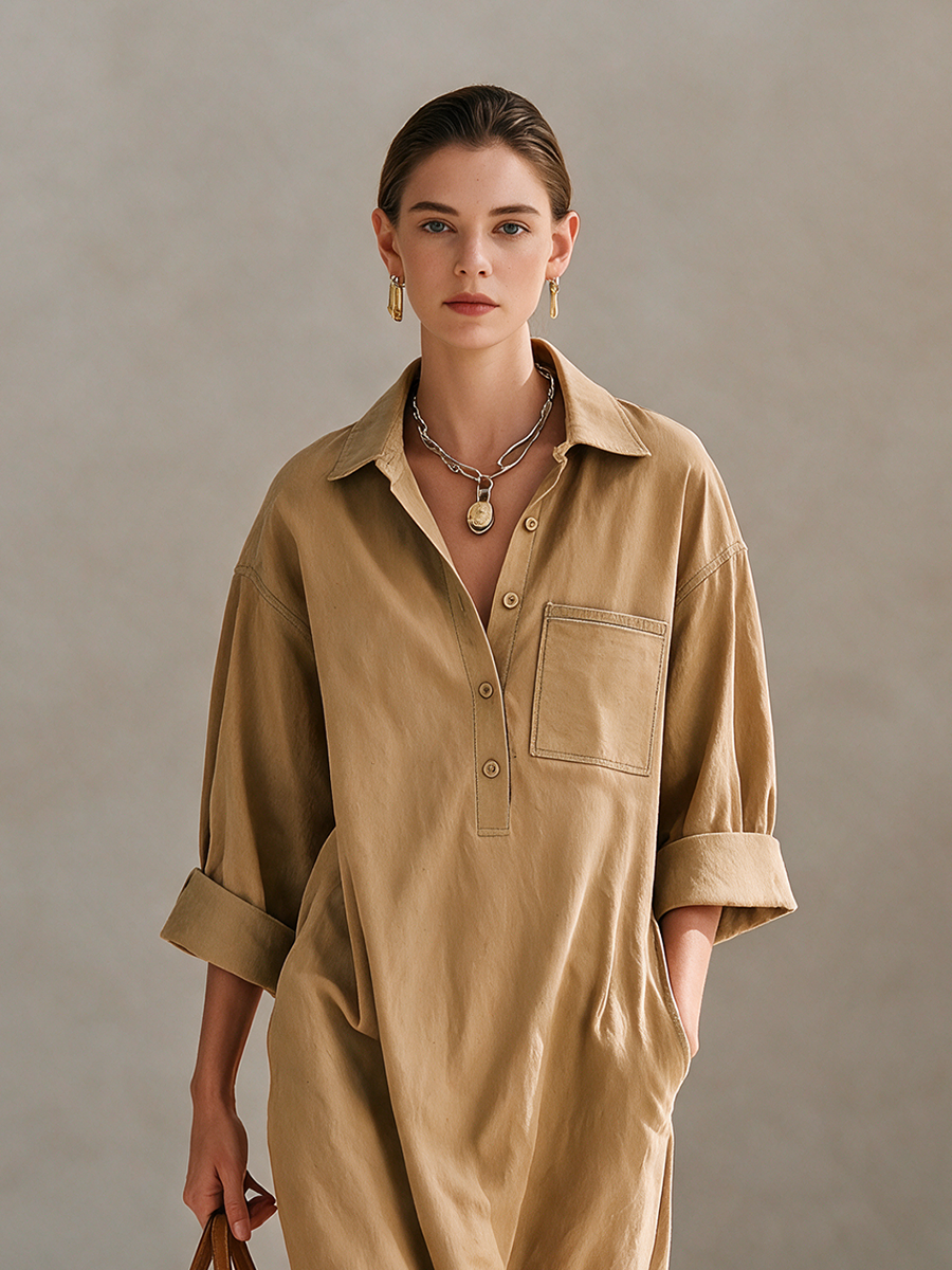 Women's Casual Cotton Collared Button-Placket Patch-Pocket Dropped-Shoulder Long-Sleeve Relaxed Midi Dress MDZ2411H6CMX