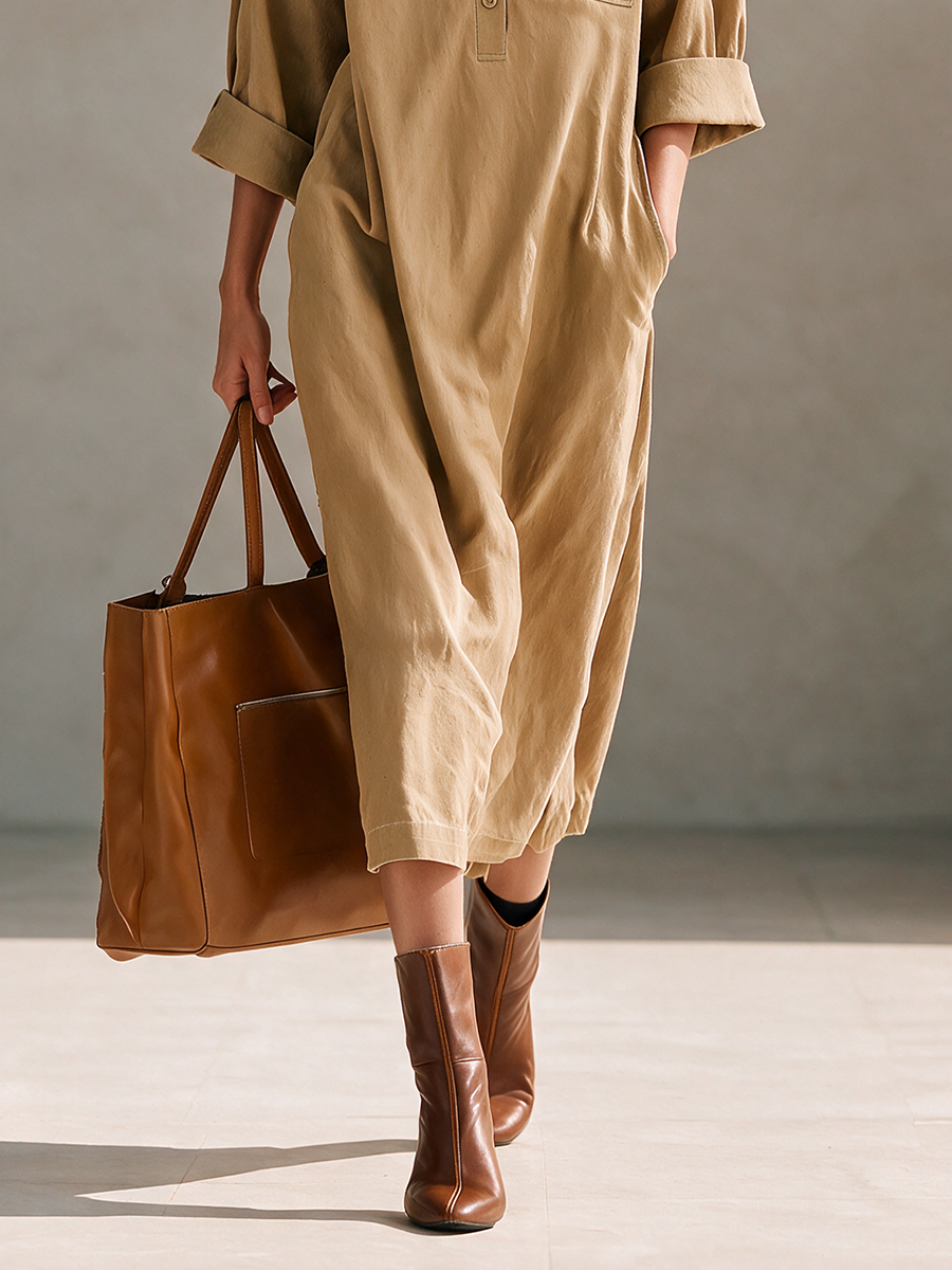 Women's Casual Cotton Collared Button-Placket Patch-Pocket Dropped-Shoulder Long-Sleeve Relaxed Midi Dress MDZ2411H6CMX
