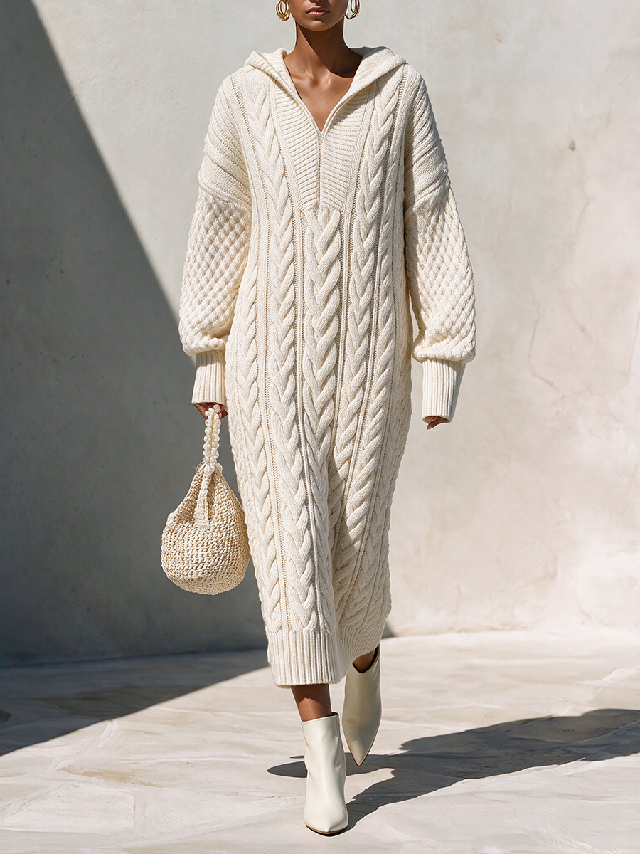 Women's Casual Cable-Knit Hooded V-Neck Dropped-Shoulder Long-Sleeve Relaxed Midi Dress MDZ2442H4CMX