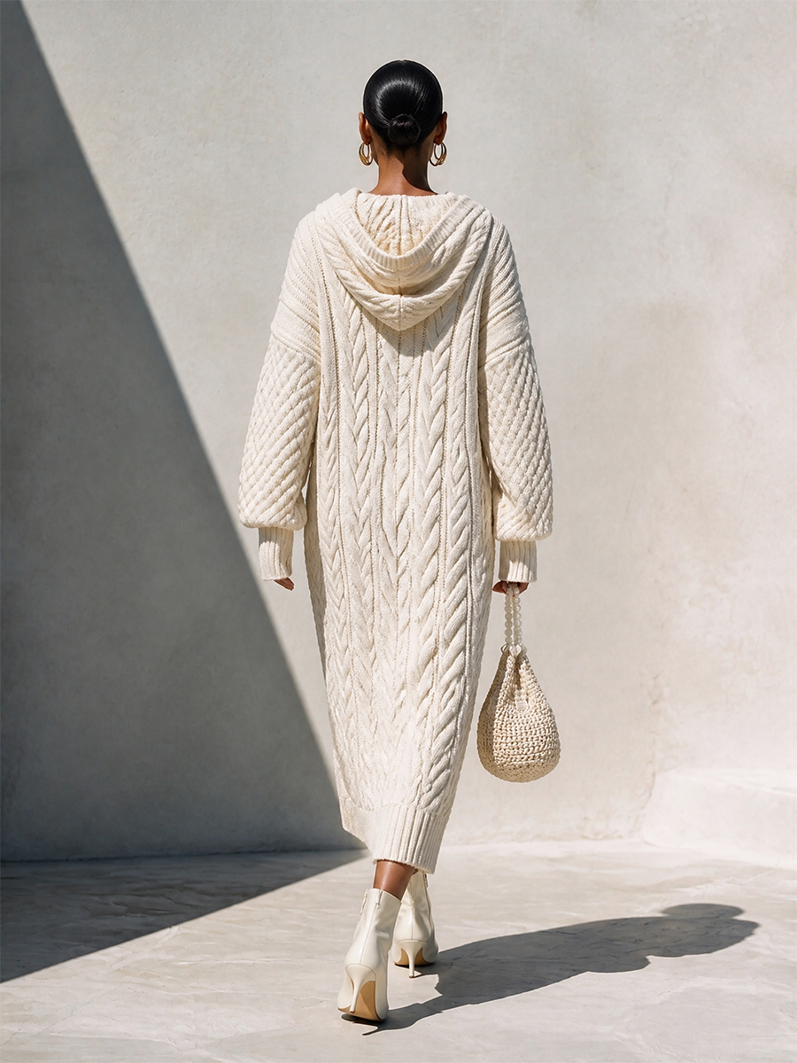 Women's Casual Cable-Knit Hooded V-Neck Dropped-Shoulder Long-Sleeve Relaxed Midi Dress MDZ2442H4CMX