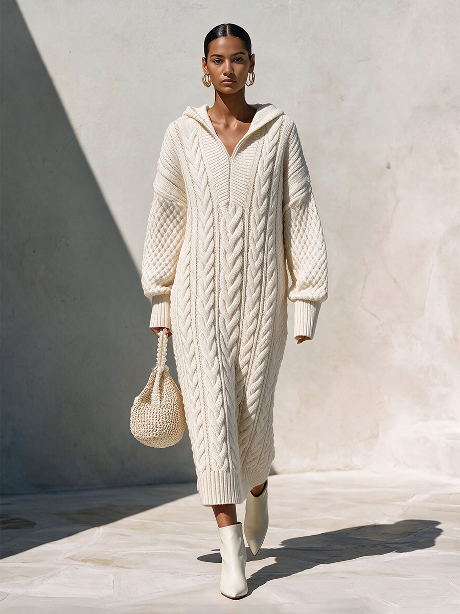 Women's Casual Cable-Knit Hooded V-Neck Dropped-Shoulder Long-Sleeve Relaxed Midi Dress MDZ2442H4CMX