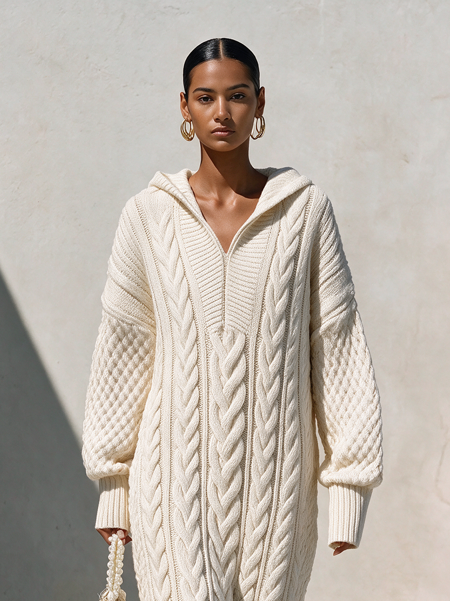Women's Casual Cable-Knit Hooded V-Neck Dropped-Shoulder Long-Sleeve Relaxed Midi Dress MDZ2442H4CMX