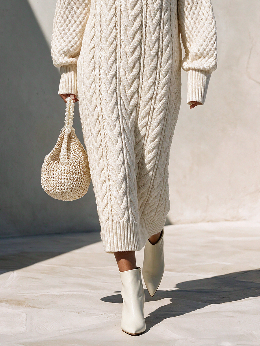 Women's Casual Cable-Knit Hooded V-Neck Dropped-Shoulder Long-Sleeve Relaxed Midi Dress MDZ2442H4CMX
