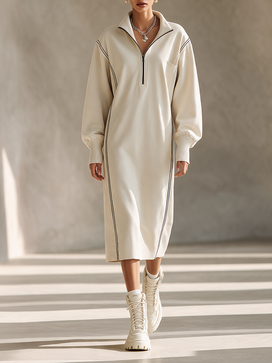 Women's Casual Black-Trim Collared Half-Zip Dropped-Shoulder Long-Sleeve Relaxed Sweatshirt Midi Dress MDZ2433H3CMX