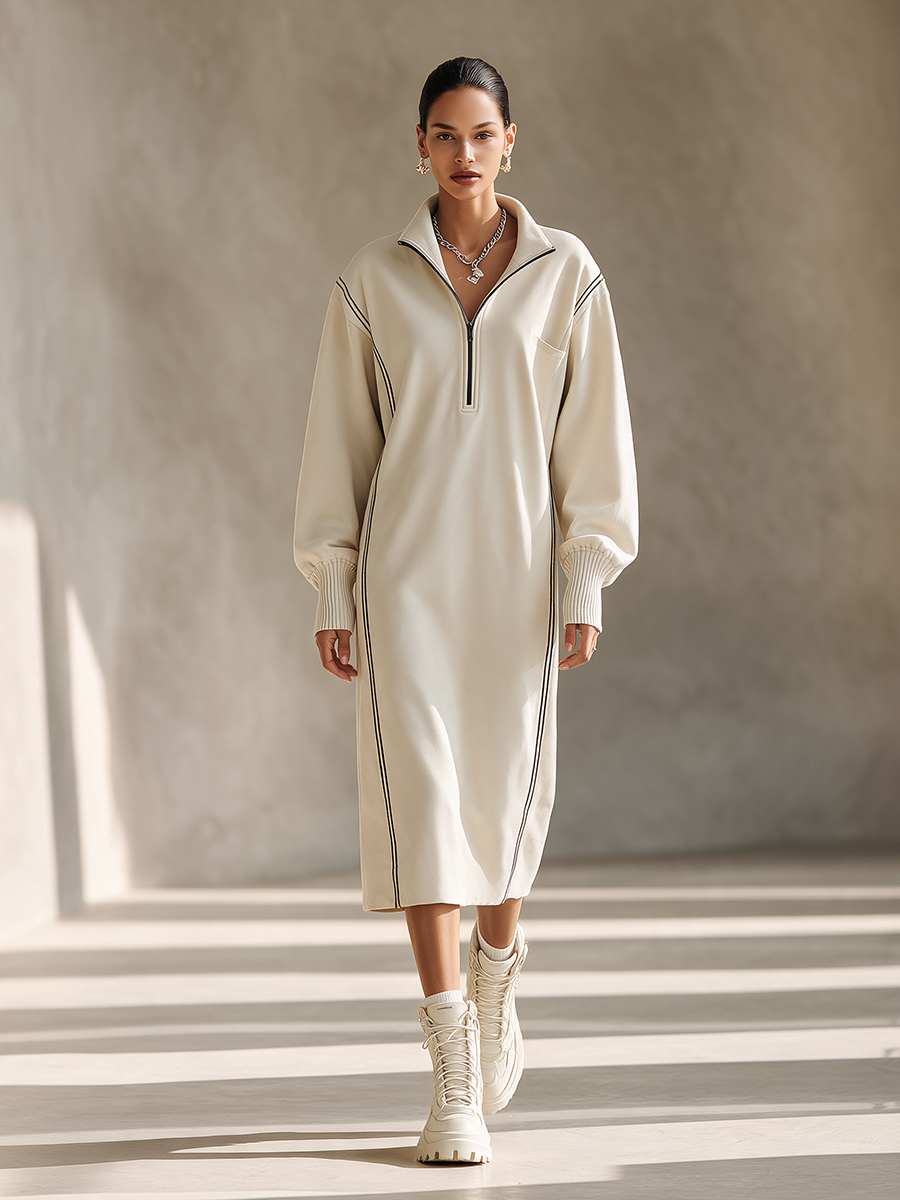 Women's Casual Black-Trim Collared Half-Zip Dropped-Shoulder Long-Sleeve Relaxed Sweatshirt Midi Dress MDZ2433H3CMX