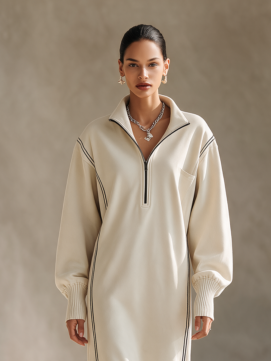 Women's Casual Black-Trim Collared Half-Zip Dropped-Shoulder Long-Sleeve Relaxed Sweatshirt Midi Dress MDZ2433H3CMX