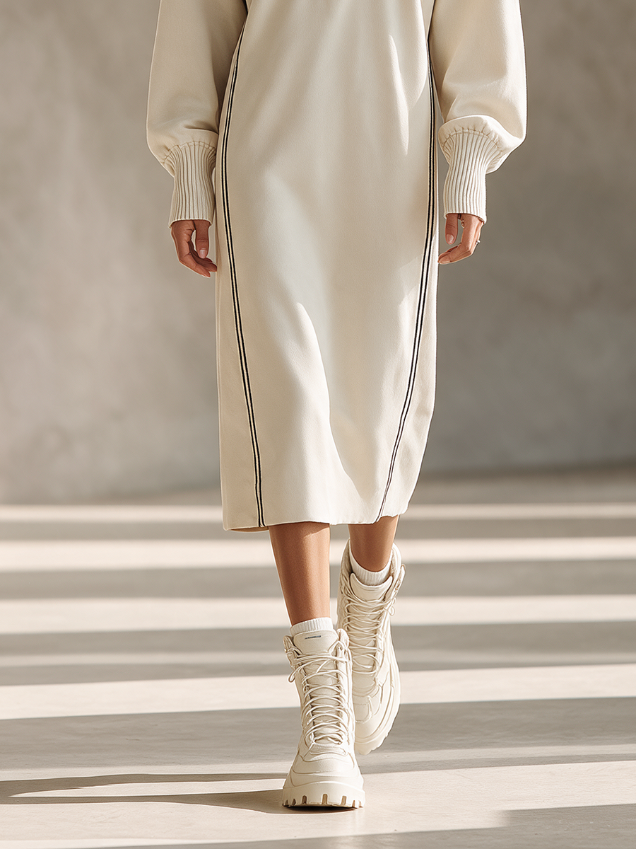Women's Casual Black-Trim Collared Half-Zip Dropped-Shoulder Long-Sleeve Relaxed Sweatshirt Midi Dress MDZ2433H3CMX